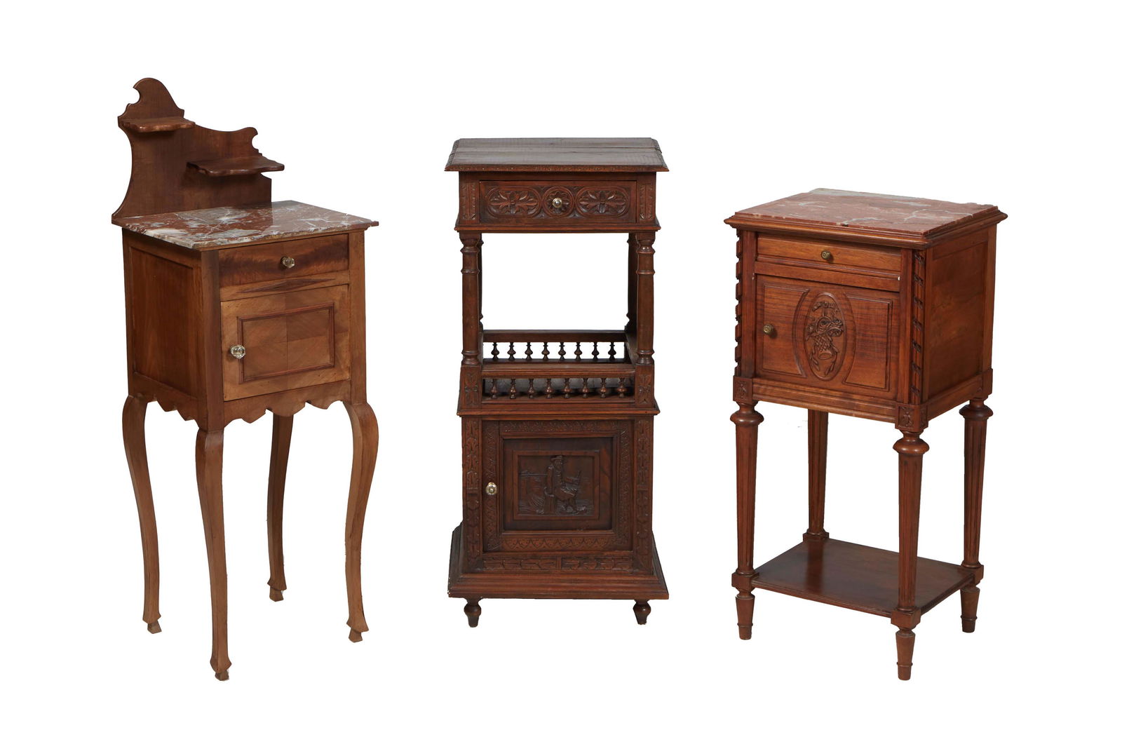 Group of Three French Carved Walnut Nightstands, early 20th c., one a Louis XV style with a two (1 of 1)