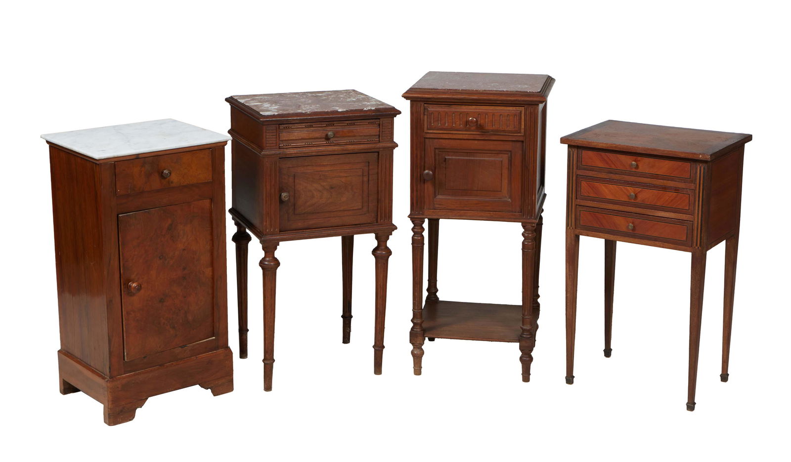 Group of Four French Carved Walnut Nightstands, early 20th c., one a Louis Philippe Marble Top (1 of 1)