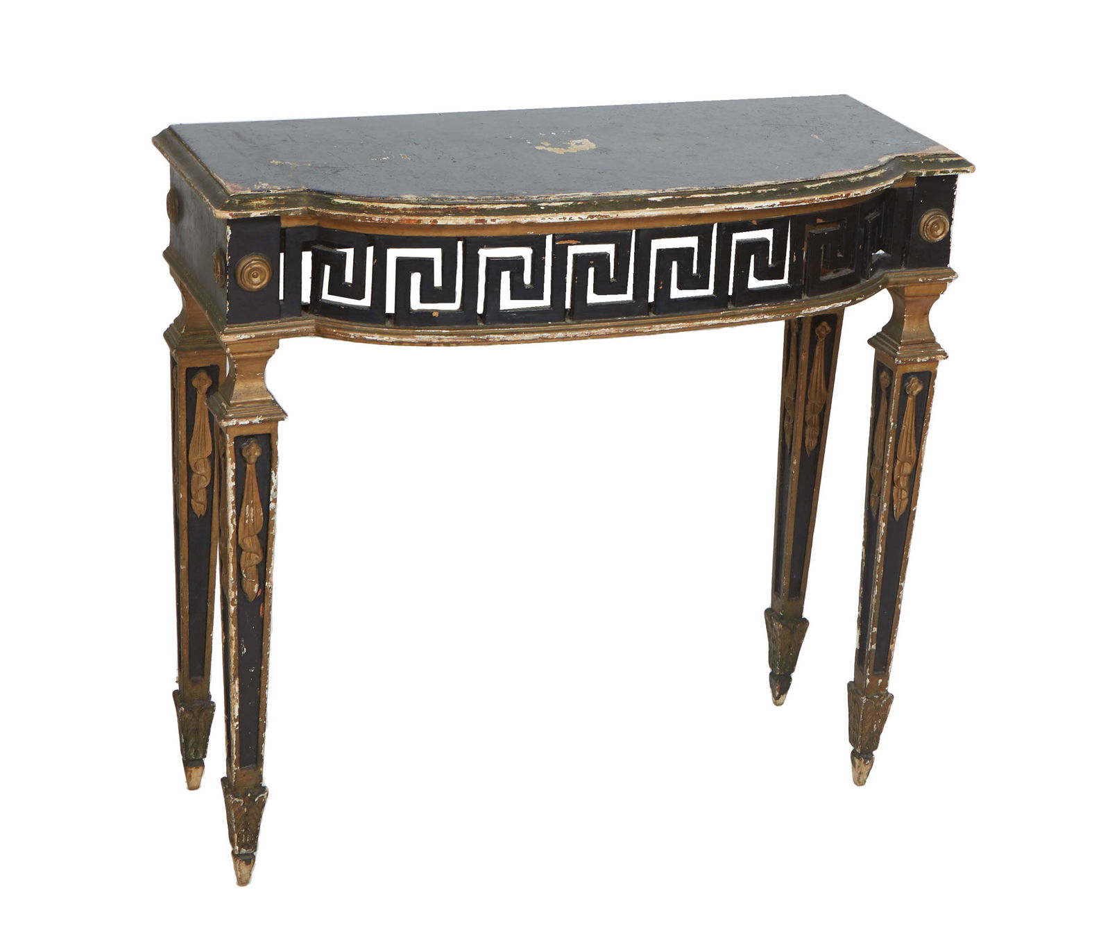 Louis XVI Gilt and Ebonized Bowfront Console Table, the ogee edge top over a pierced Greek key (1 of 8)