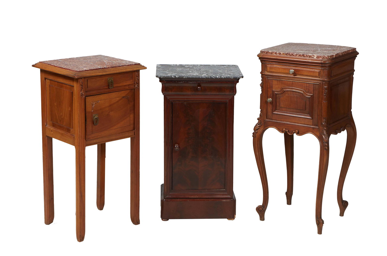 Group of Three French Carved Walnut Marble Top Nightstands, early 20th c., one a Louis Philippe (1 of 1)