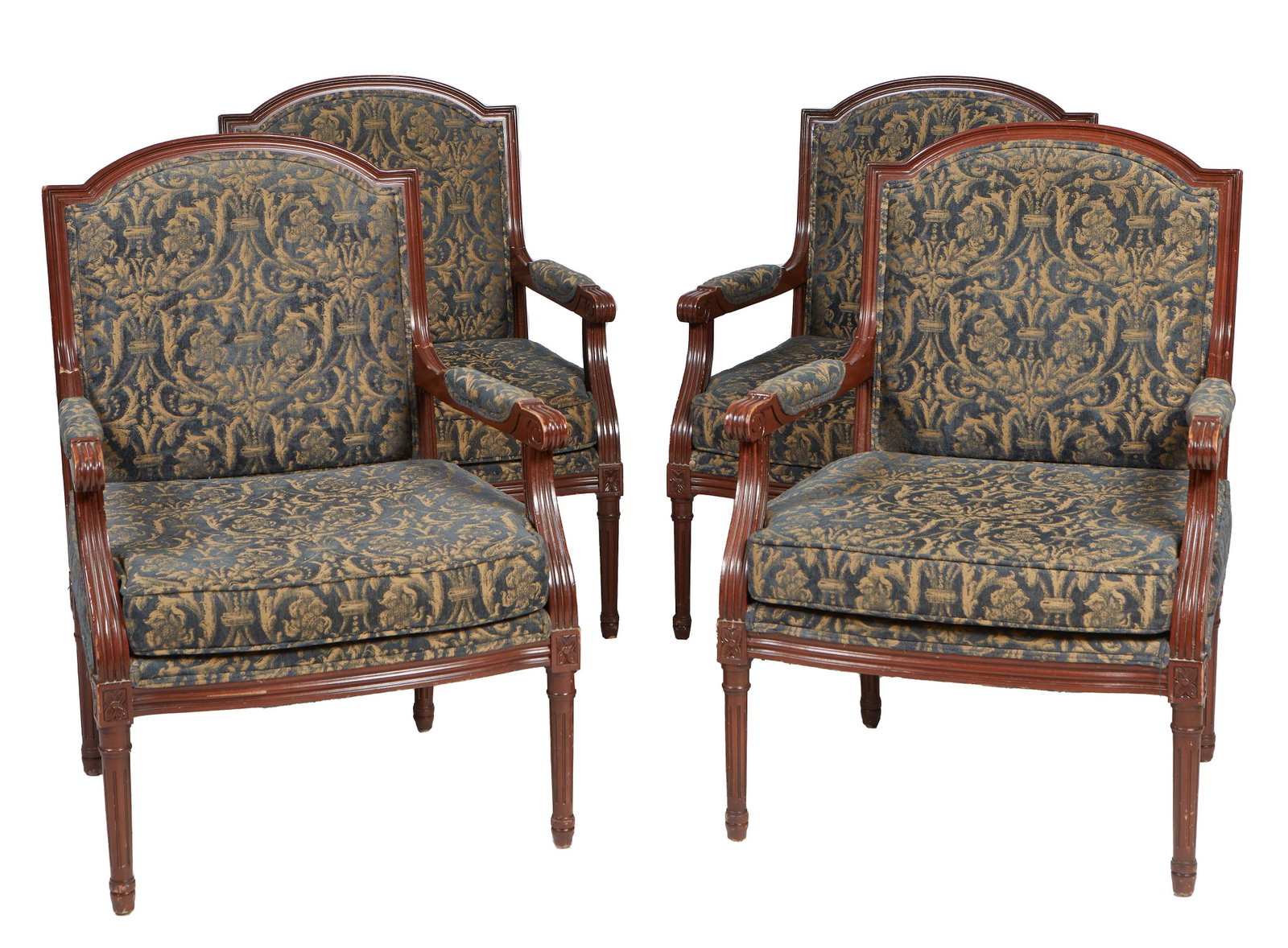 Set of Four Carved Beech Louis XVI Style Fauteuils, 20th c., the arched canted upholstered back to: Set of Four Carved Beech Louis XVI Style Fauteuils, 20th c., the arched canted upholstered back to upholstered arms and a removable bowed seat cushion, on turned tapered reeded legs, in blue and creme