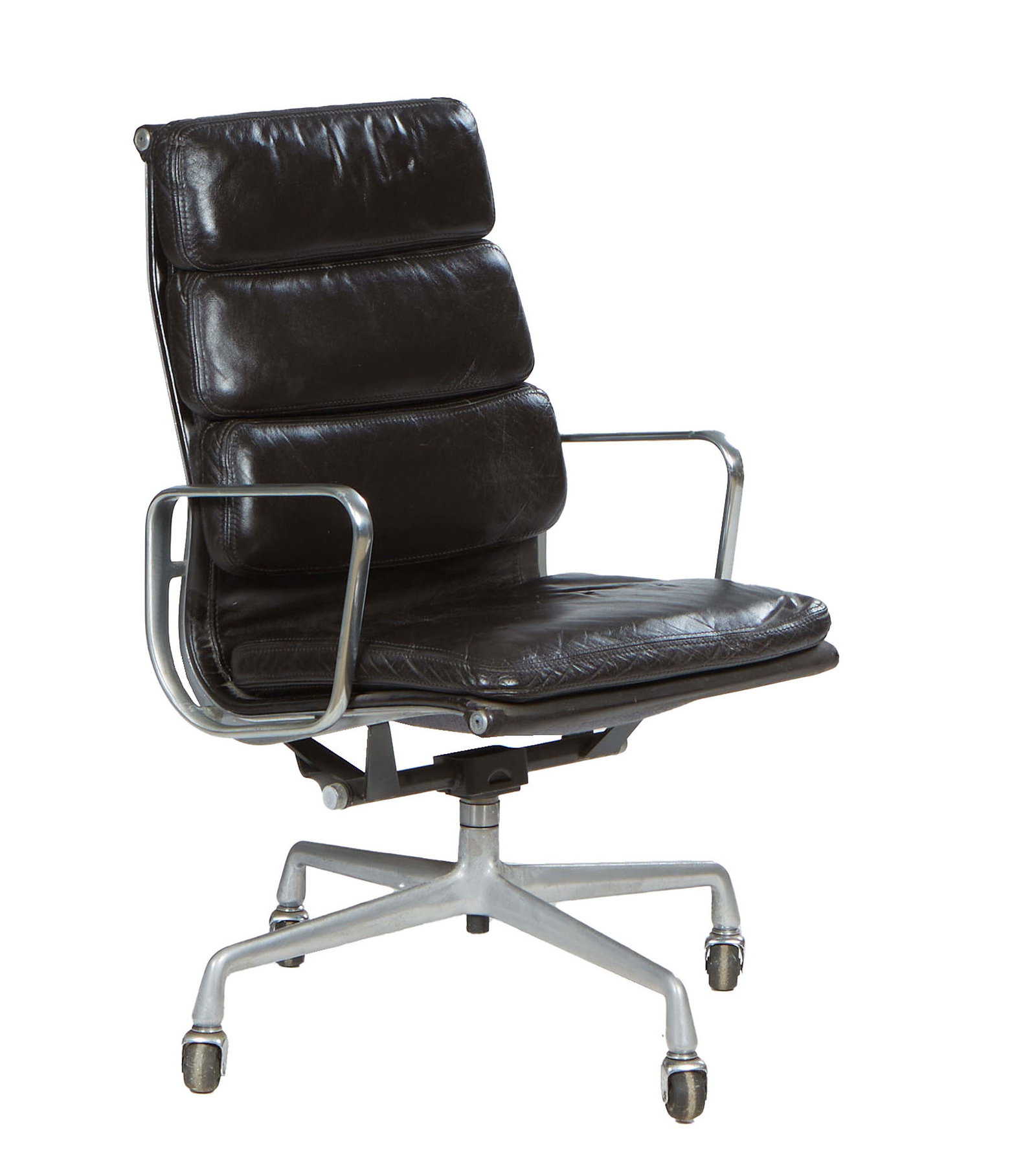 Herman Miller Aluminium Swivel Chair, 20th c., upholstered in black leather, H.- 38 3/4 in., W.- 22 (1 of 1)