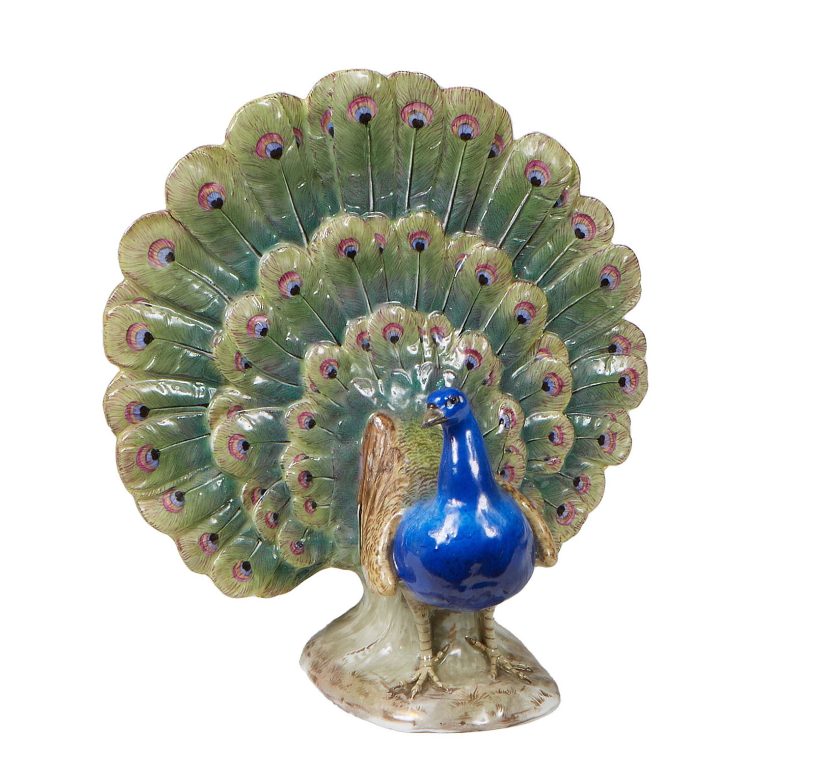 Meissen Porcelain Peacock, early 20th c., the bottom with a blue crossed swords mark, incised 276,: Meissen Porcelain Peacock, early 20th c., the bottom with a blue crossed swords mark, incised 276, H.- 9 1/4 W.- 9 in., D.- 4 1/2 in.