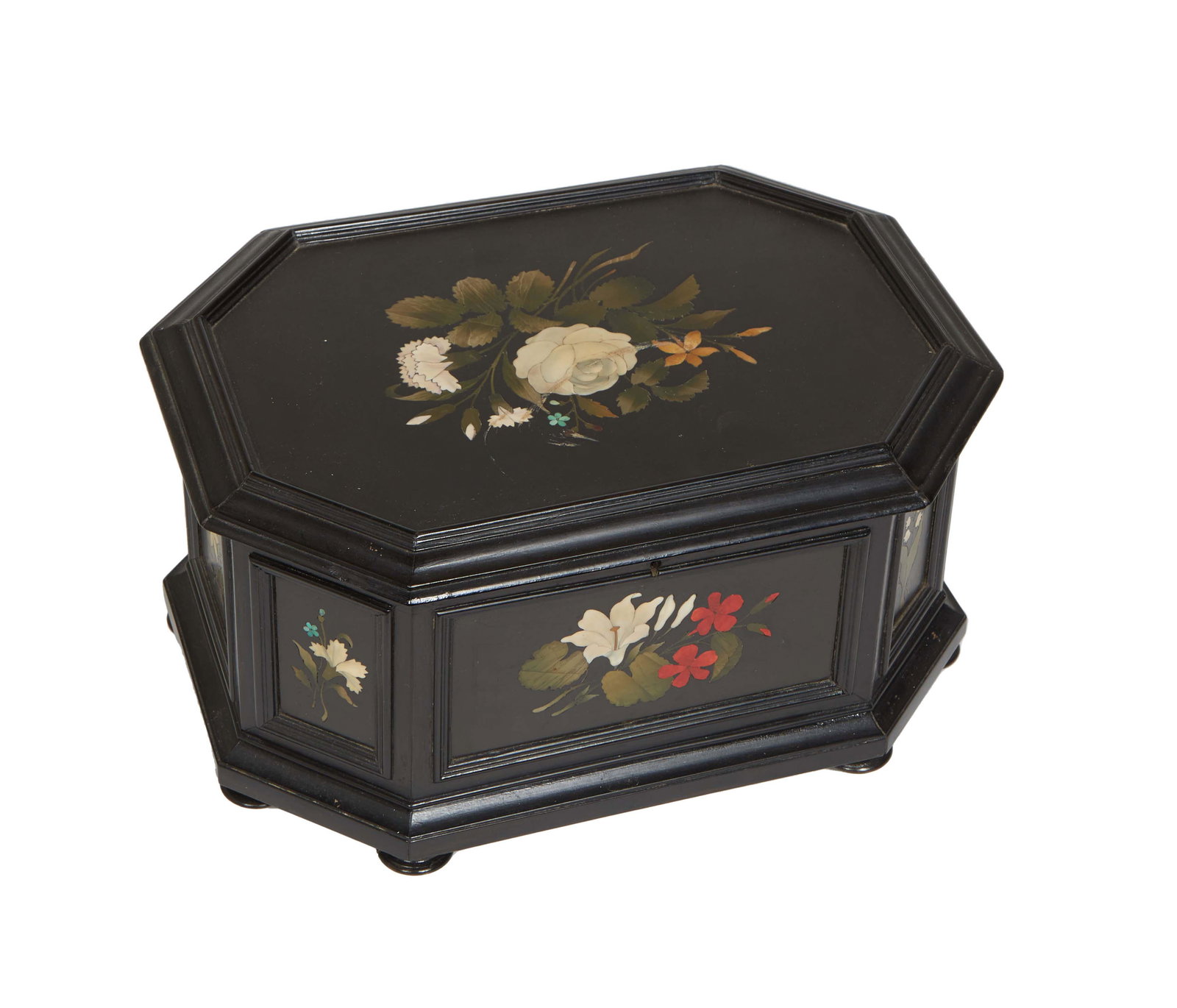 Italian Pietra Dura Black Marble Jewelry Box, 19th c., of octagonal form, the top and all sides with (1 of 2)