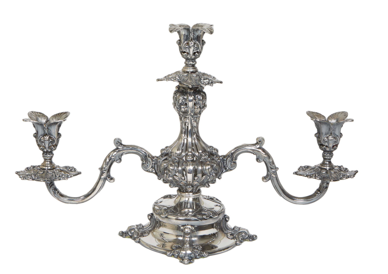 Reed & Barton Art Nouveau Silverplate Three Light Candelabra, 20th c., #165, with a central pierced (1 of 2)