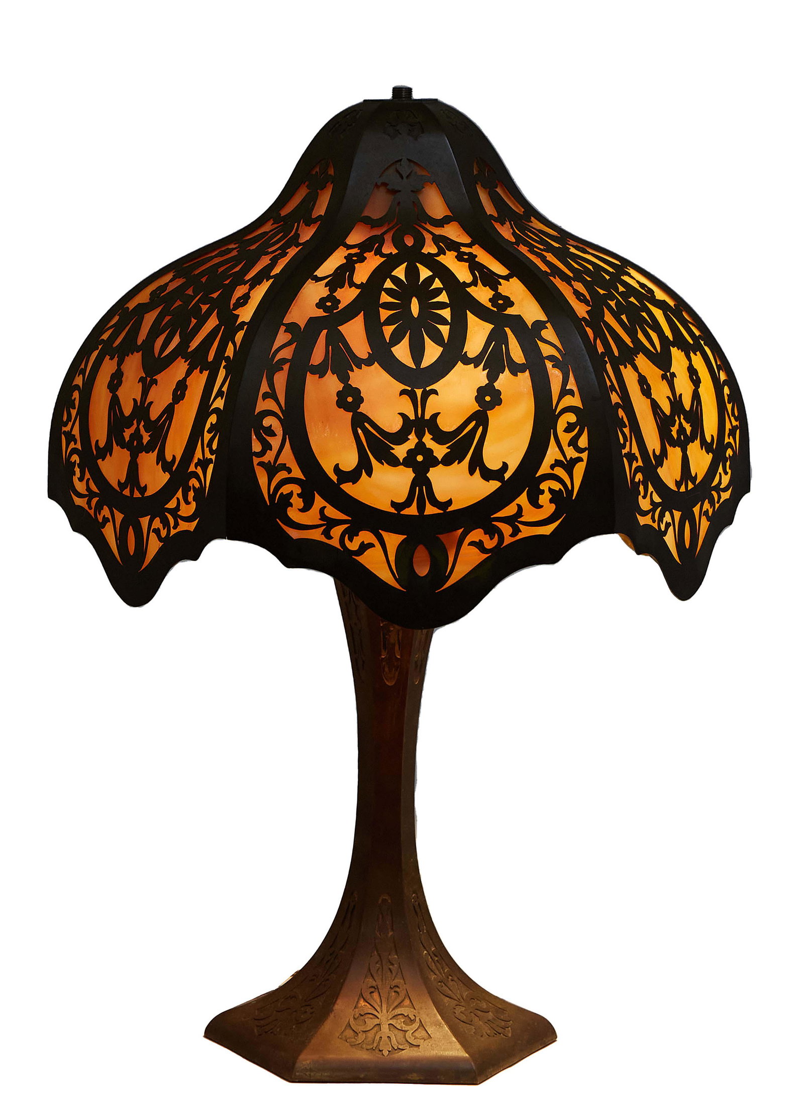 Unusual American Art Nouveau Patinated Spelter Table Lamp, c. 1920, the bulbous circular brass (1 of 3)