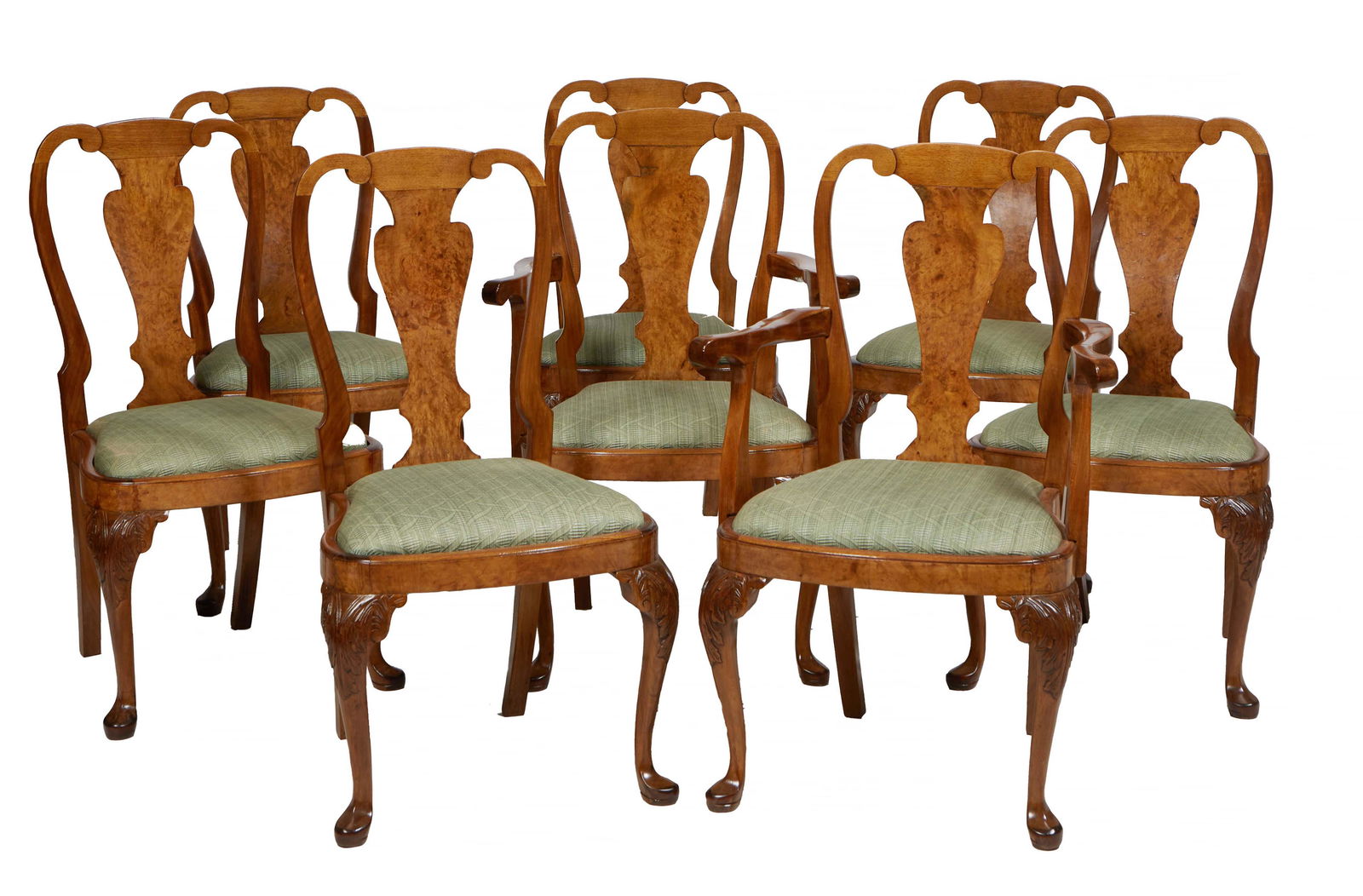 Set of Eight (6+2) English Carved Burled Walnut Queen Anne Dining Chairs, early 20th c., the arched (1 of 1)