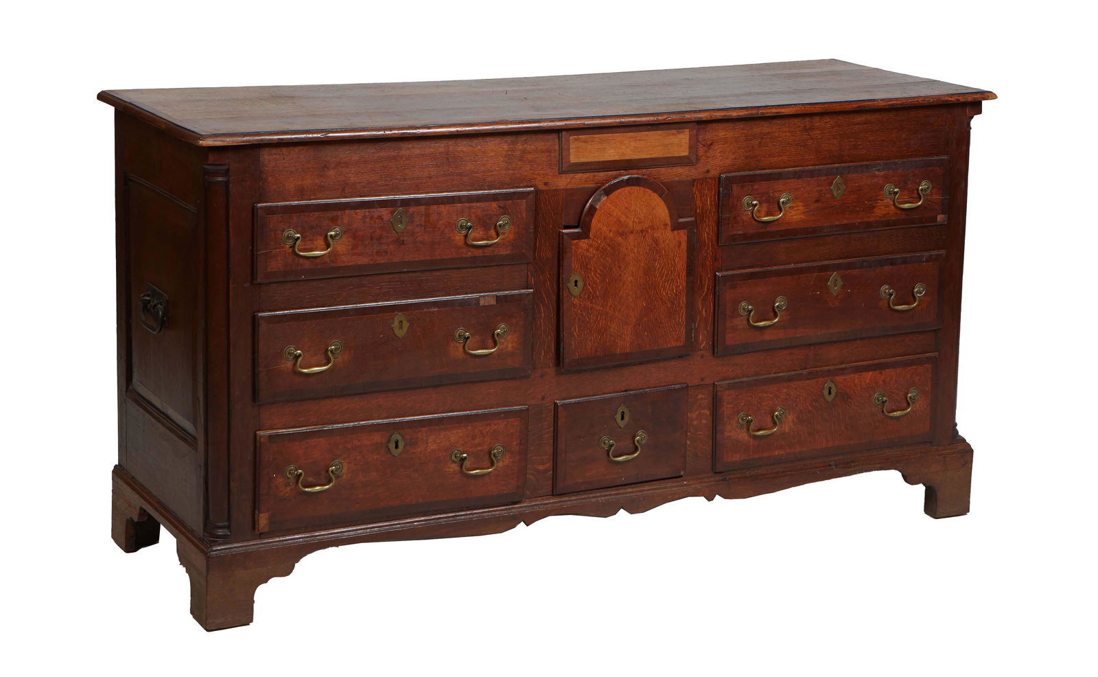 Unusual English Georgian Carved and Banded Oak Chest, 18th c., the stepped rounded edge three board (1 of 5)