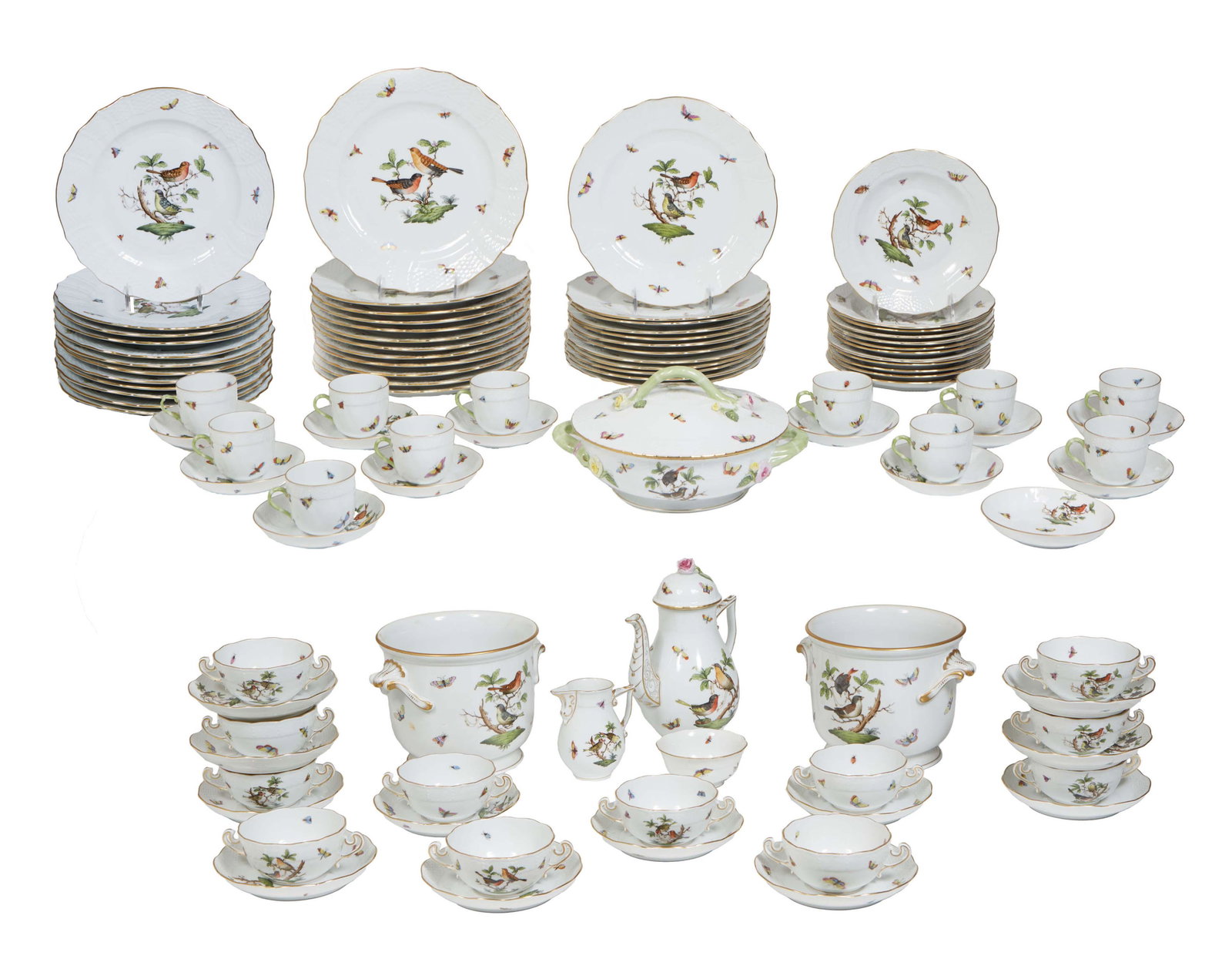 One Hundred and One Piece Set of Herend Porcelain Dinnerware, in the "Rothschild Bird" pattern, cons: One Hundred and One Piece Set of Herend Porcelain Dinnerware, in the "Rothschild Bird" pattern, consisting of 24 dinner plates, 12 luncheon plates, 11 coffee cups, 12 saucers, 12 teacups, 12 saucers, 