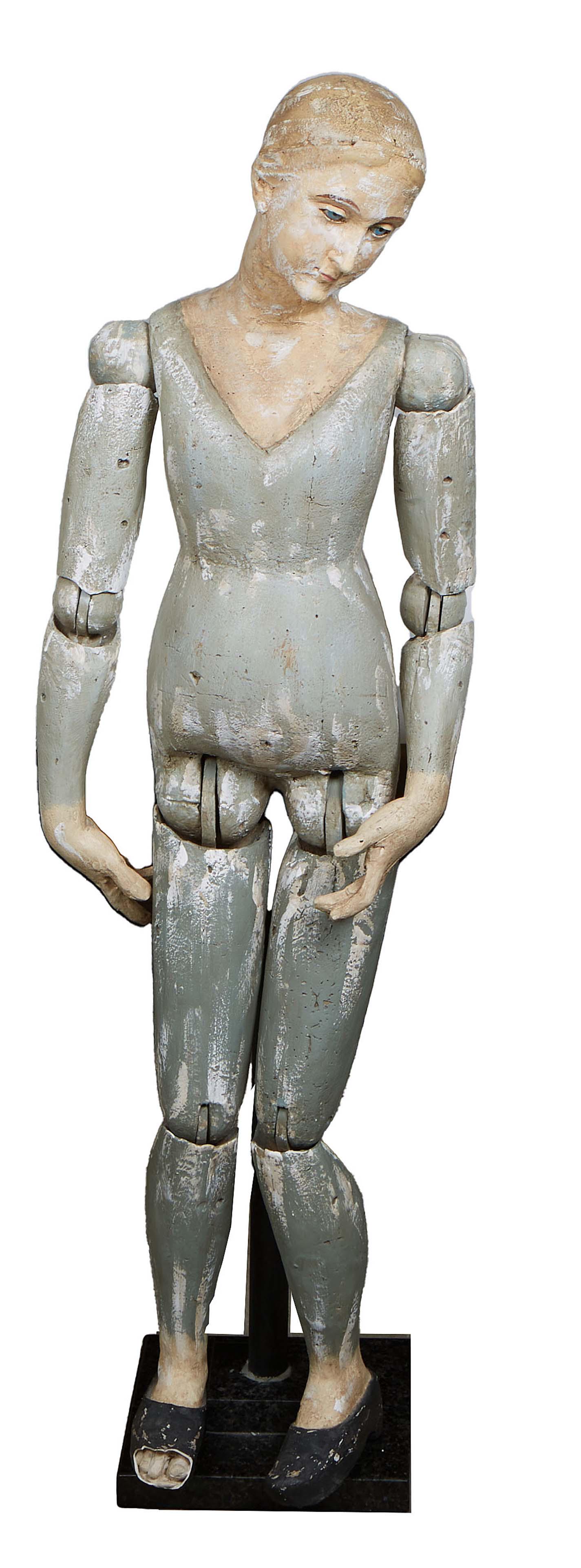 Polychromed Papier Mache Articulated Female Mannequin, 19th c., on an iron stand to a stepped black (1 of 2)