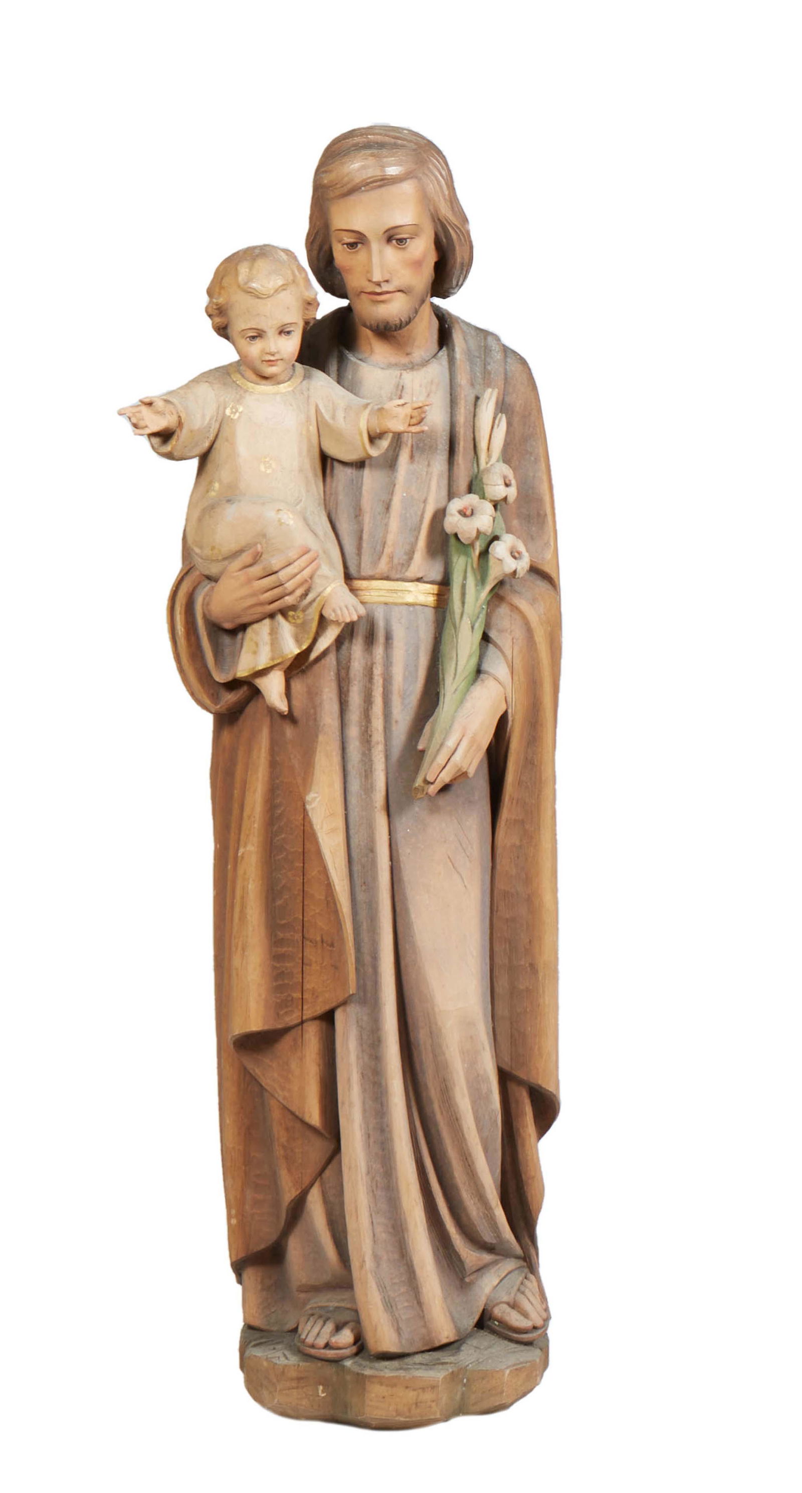 Carved Wooden Statue, 20th c., of Joseph holding the baby Jesus, with traces of original paint, on (1 of 1)