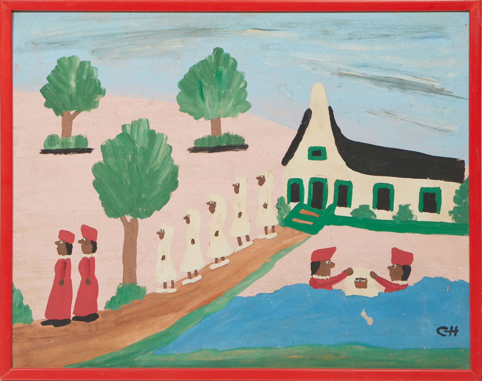 After Clementine Hunter (1887-1987, Louisiana), "Baptism," 20th c., oil on board, by Juanita Henry, (1 of 5)