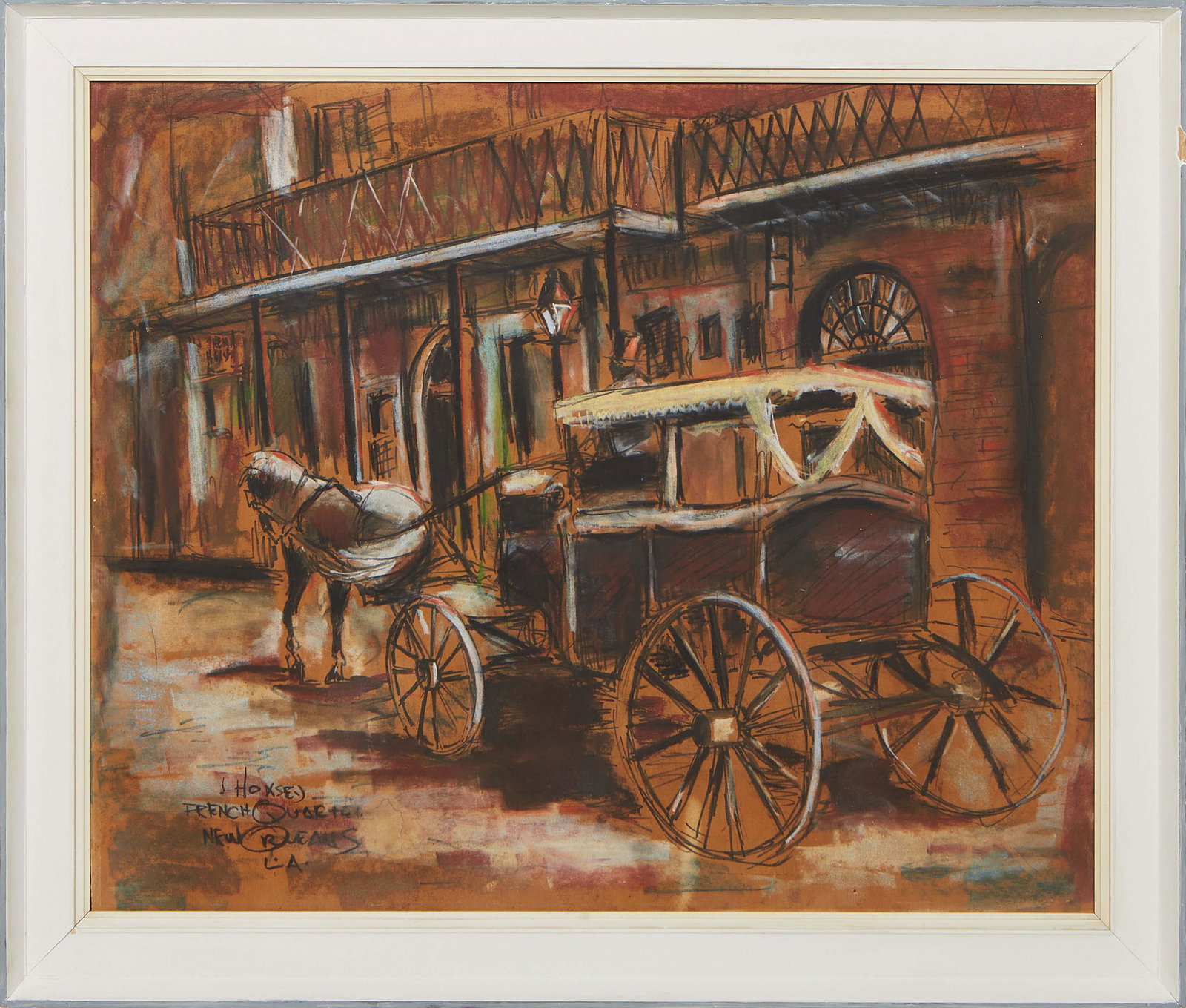 J Hoxsey (Louisiana), "French Quarter, New Orleans, LA," 20th c., mixed media on paper, signed lower (1 of 4)