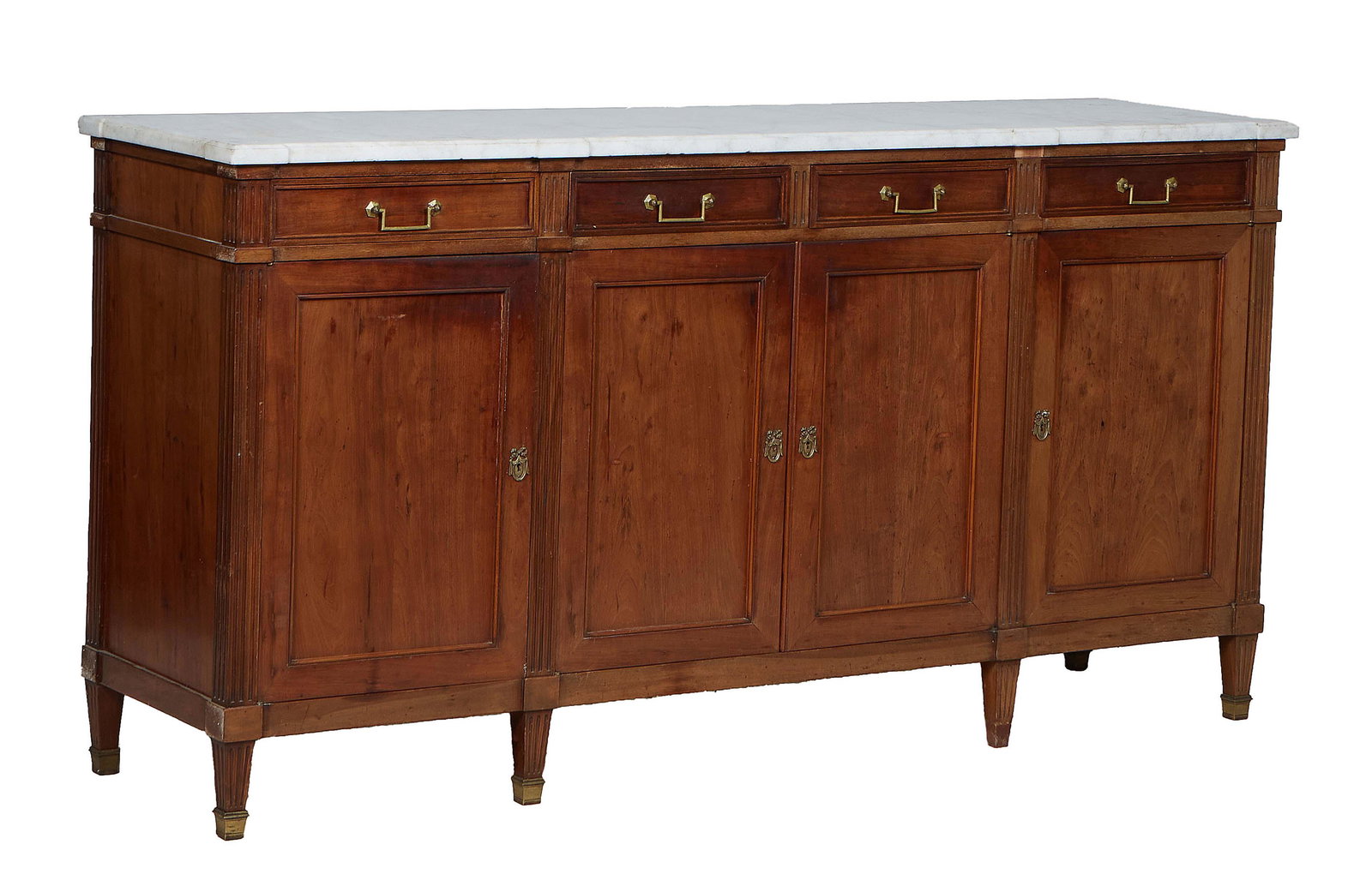 French Louis XVI Style Carved Walnut Marble Top Sideboard, 20th c., the figured block corner white (1 of 1)