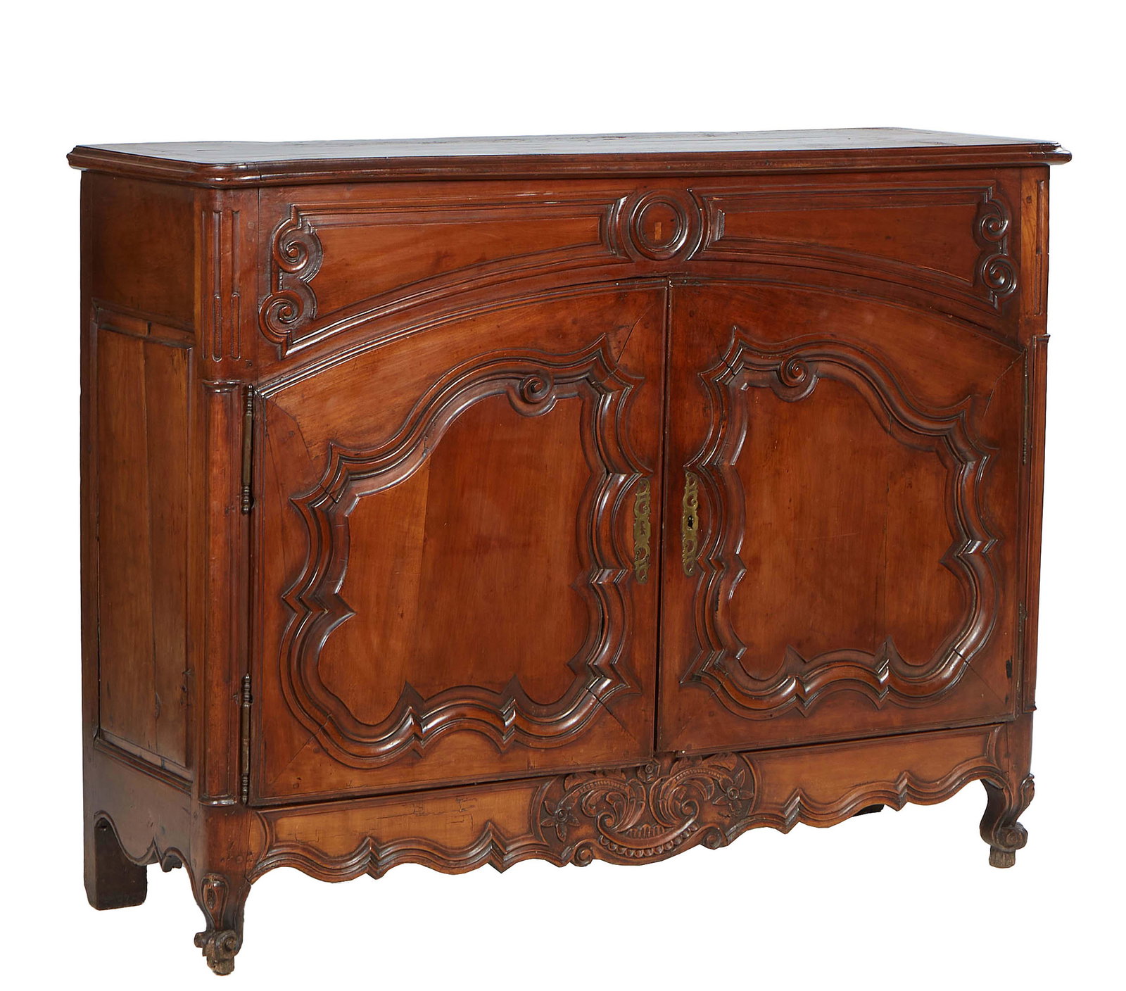 Unusual French Provincial Carved Walnut Sideboard, 19th c., the stepped rounded corner two board (1 of 2)