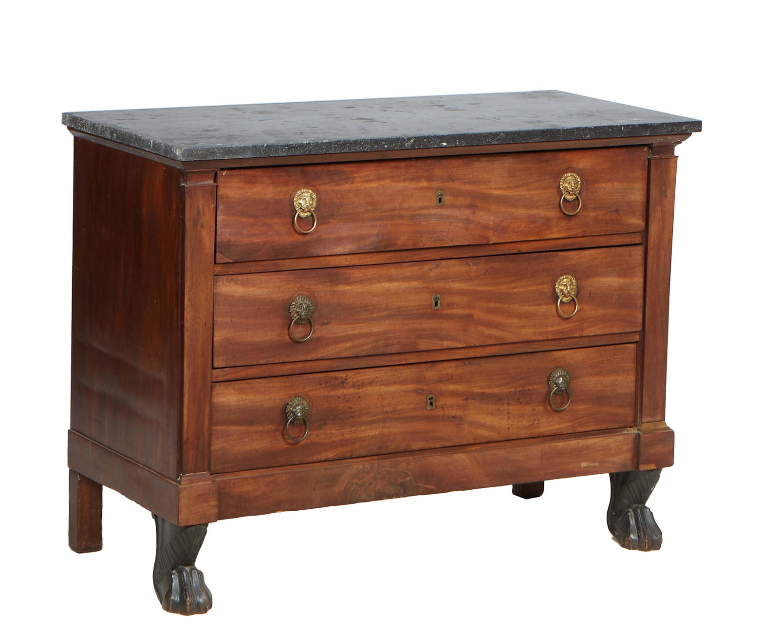 French Empire Style Carved Walnut Marble Top Commode, 19th c., the rectangular highly figured black (1 of 1)