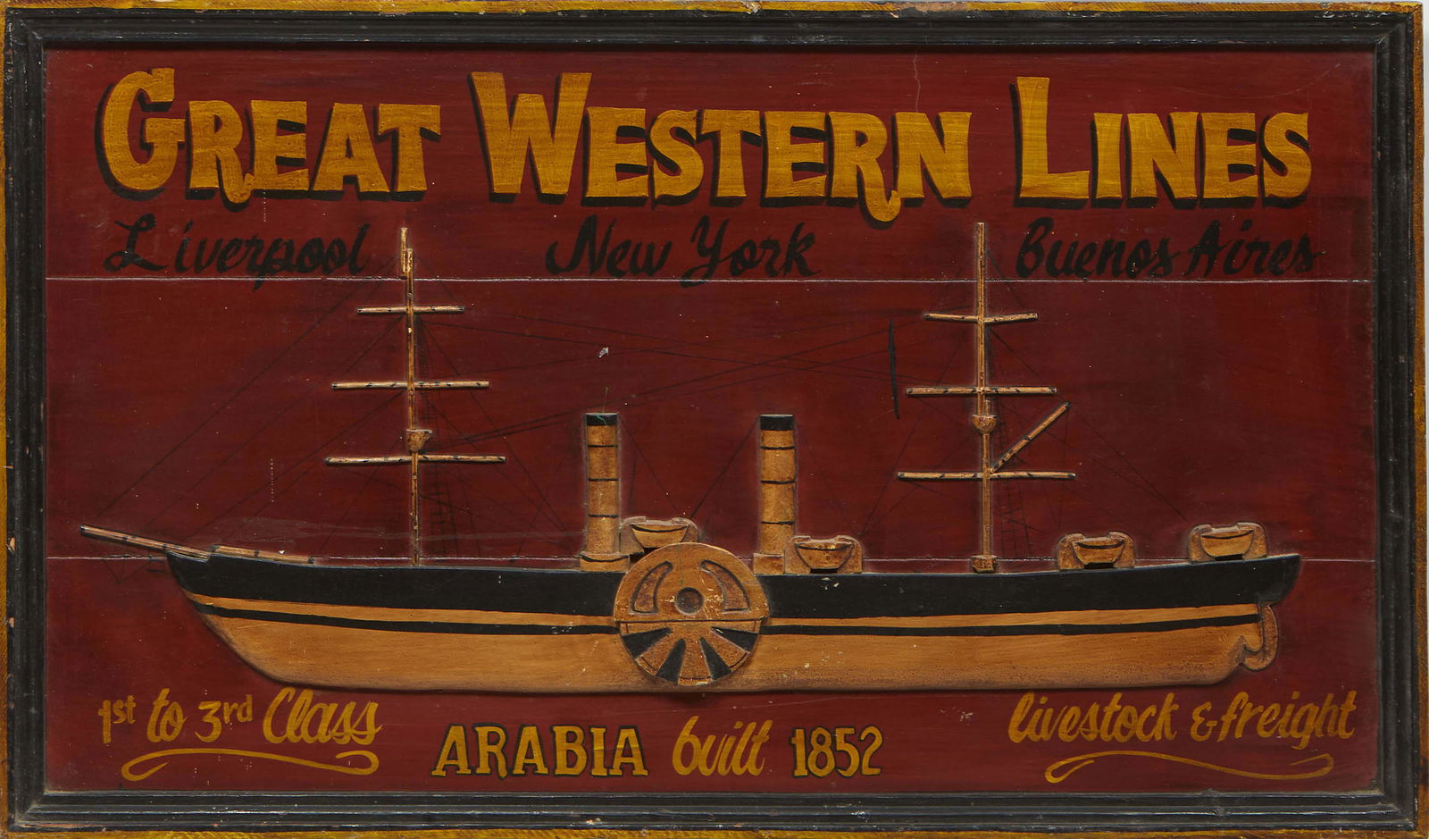 Painted Wood Advertising Sign, 20th c., for Great Western Liners, with a relief paddlewheel (1 of 1)