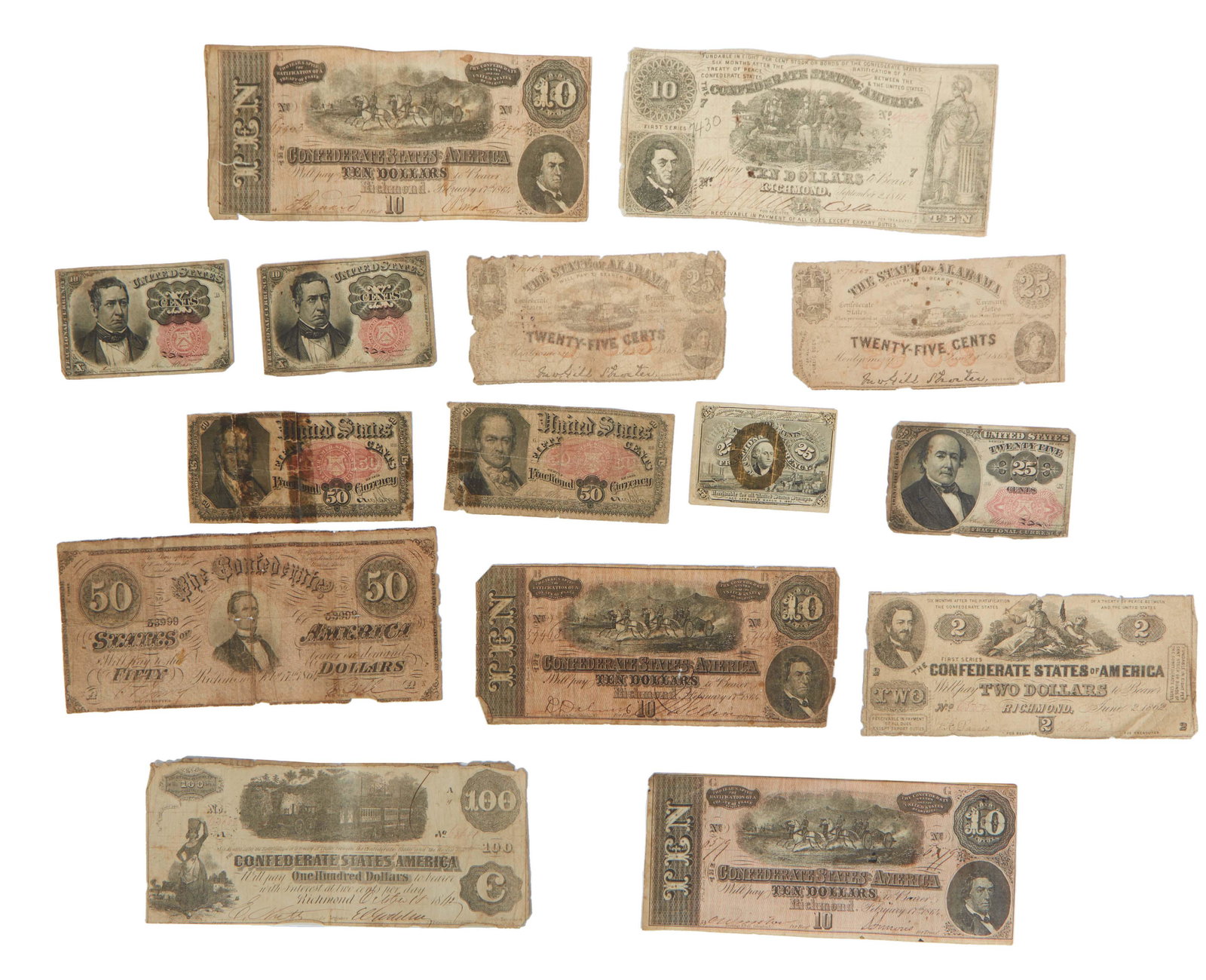 Group of Fifteen Confederate Bills, consisting of a $10 example, 1864; a $50 example, 1864; a $100 (1 of 1)