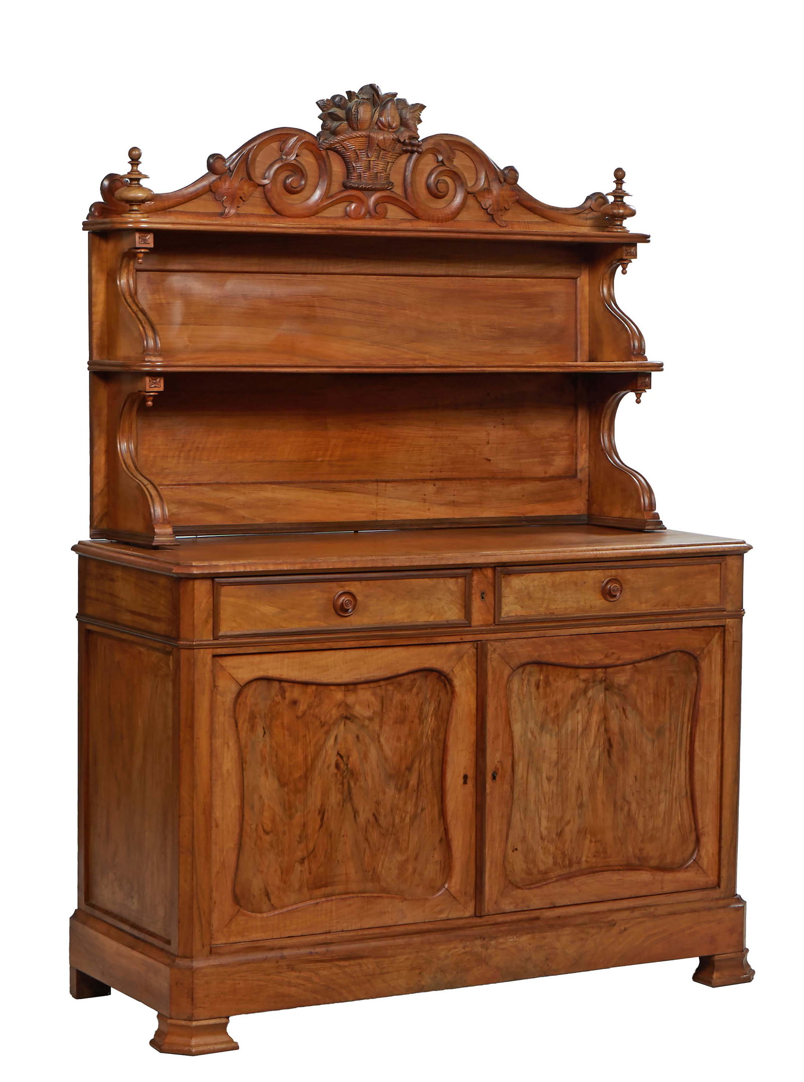 French Provincial Saint Hubert Style Carved Walnut Sideboard, 19th c., with a fruit basket crest (1 of 1)