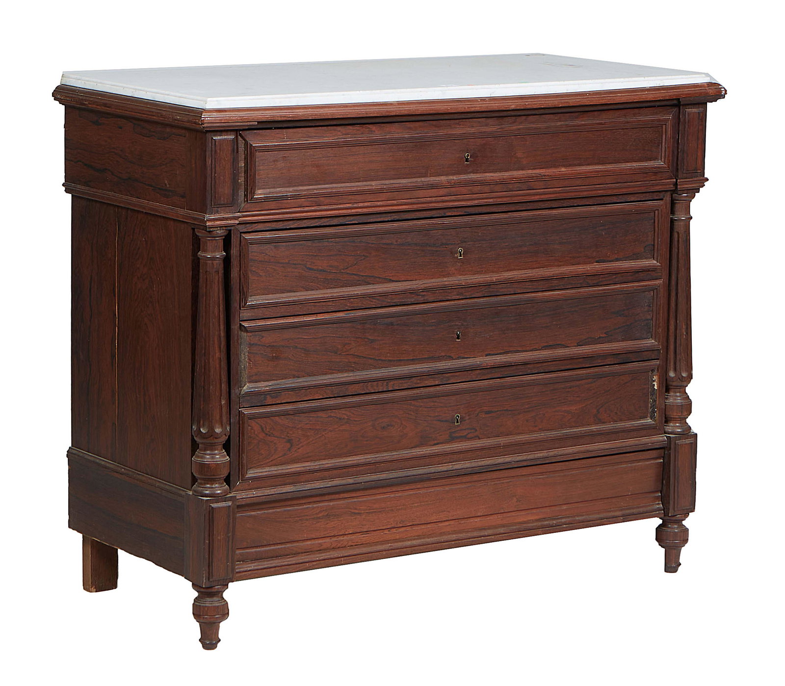 French Carved Walnut Marble Top Secretary Commode, c. 1870, the ogee edge figured white marble over (1 of 2)