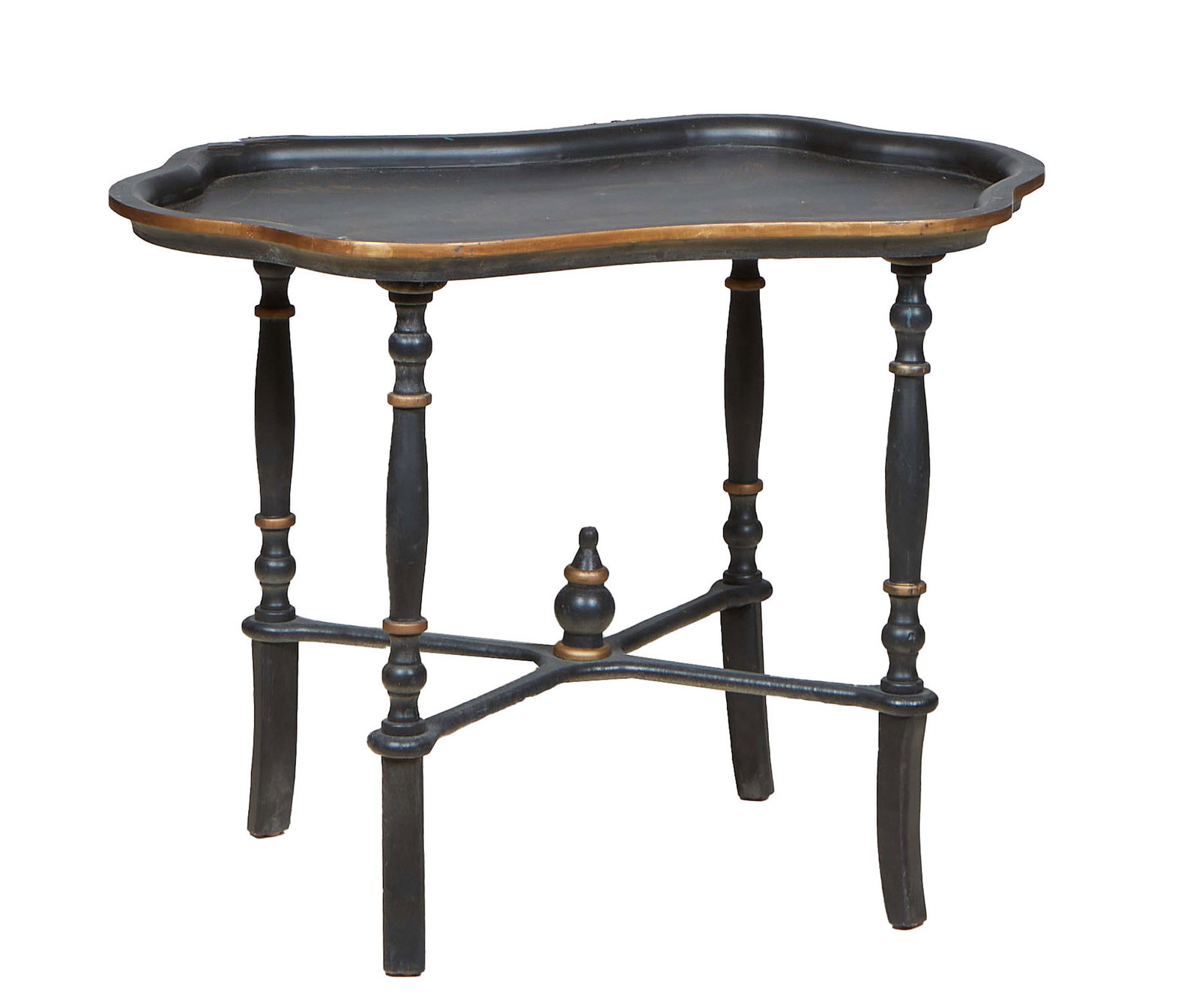 Oriental Carved Wood Ebonized Gilt Tray Table, early 20th c., the shaped top with gilt landscape (1 of 2)