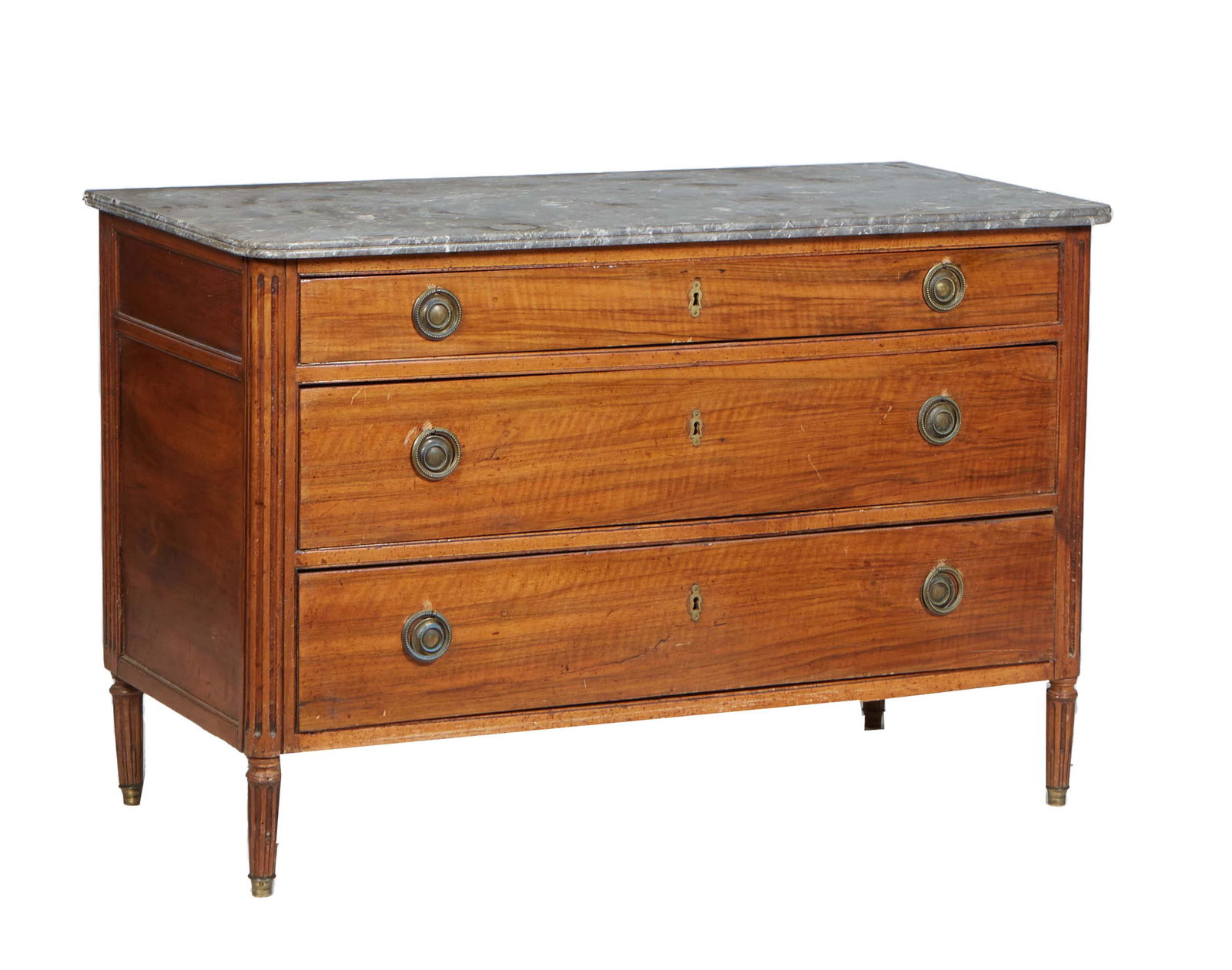 French Louis XVI Style Carved Walnut Commode, 19th c., the rounded corner highly figured reeded edge (1 of 15)