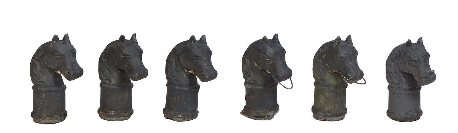 Group of Six Cast Iron Horse Head Hitching Post Tops, 20th c., three with rein rings, H.- 13 1/4 (1 of 1)