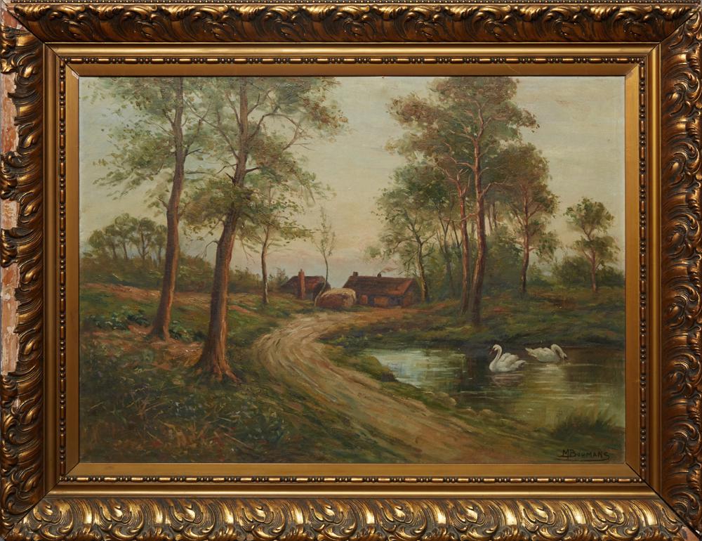 Adrianus M. Bouman (Dutch), "Two Swans on a Farm," 19th c., oil on canvas, signed lower right, (1 of 4)