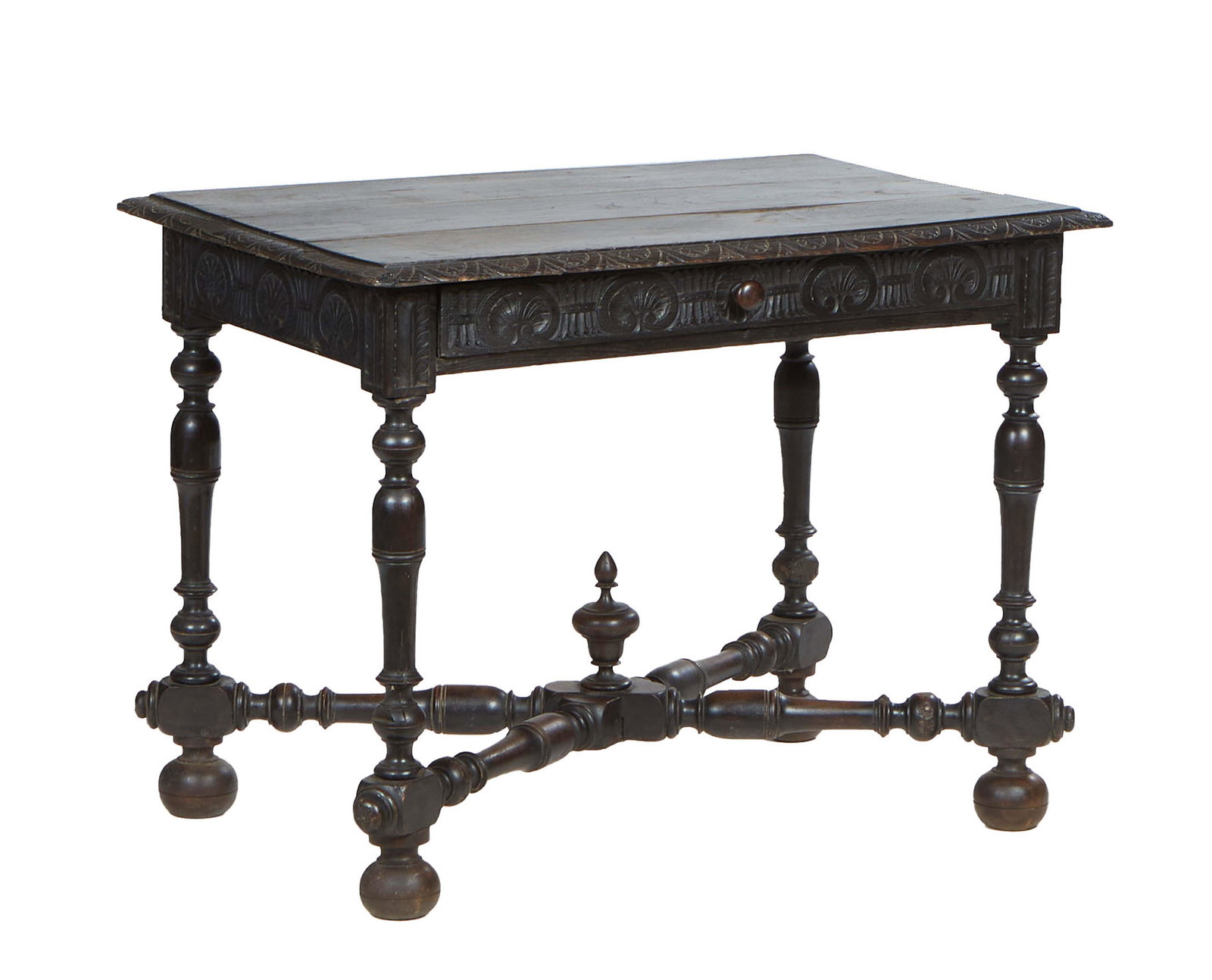 French Provincial Henri II Style Carved Oak Writing Table, c. 1880, the carved edge rectangular form (1 of 1)