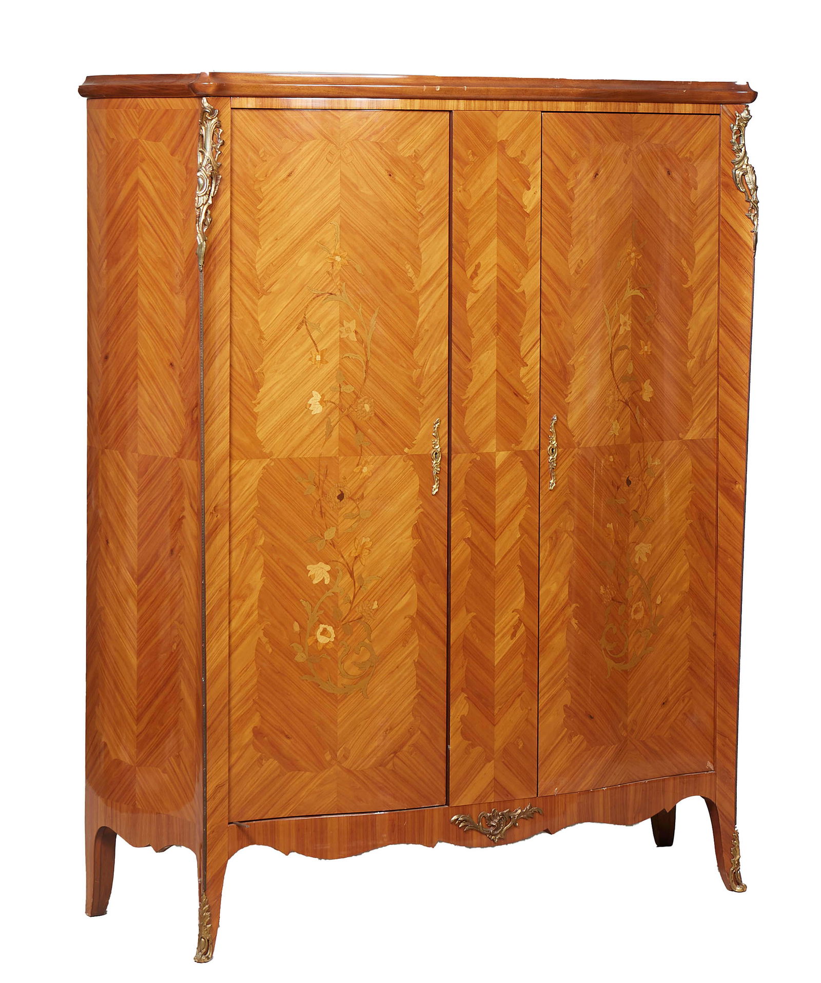 French Louis XV Style Ormolu Mounted Marquetry Inlaid Walnut Bombe Armoire, 20th c., the stepped (1 of 6)