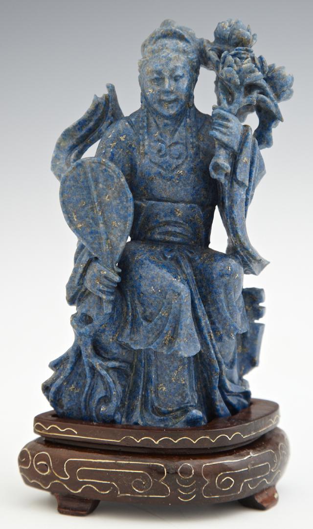 Elaborately Carved Chinese Lapis Lazuli Figure, early 20th c., of a man holding a flower and a fan, (1 of 1)