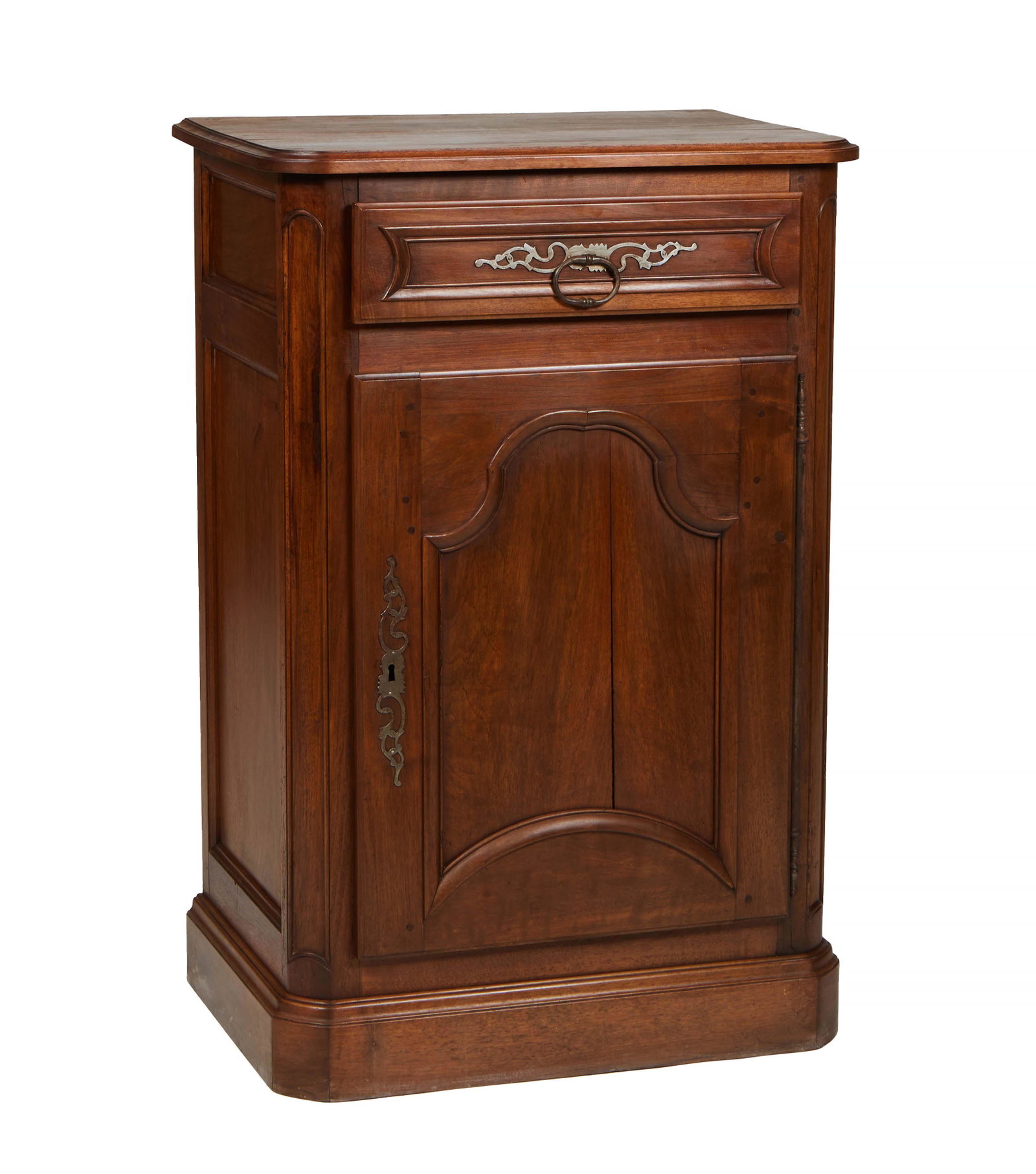 French Louis XV Style Carved Walnut Confiturier, late 19th c., the ogee edge stepped rounded corner: French Louis XV Style Carved Walnut Confiturier, late 19th c., the ogee edge stepped rounded corner top over a frieze drawer with an iron escutcheon, over cupboard door with an iron fiche hinge and es