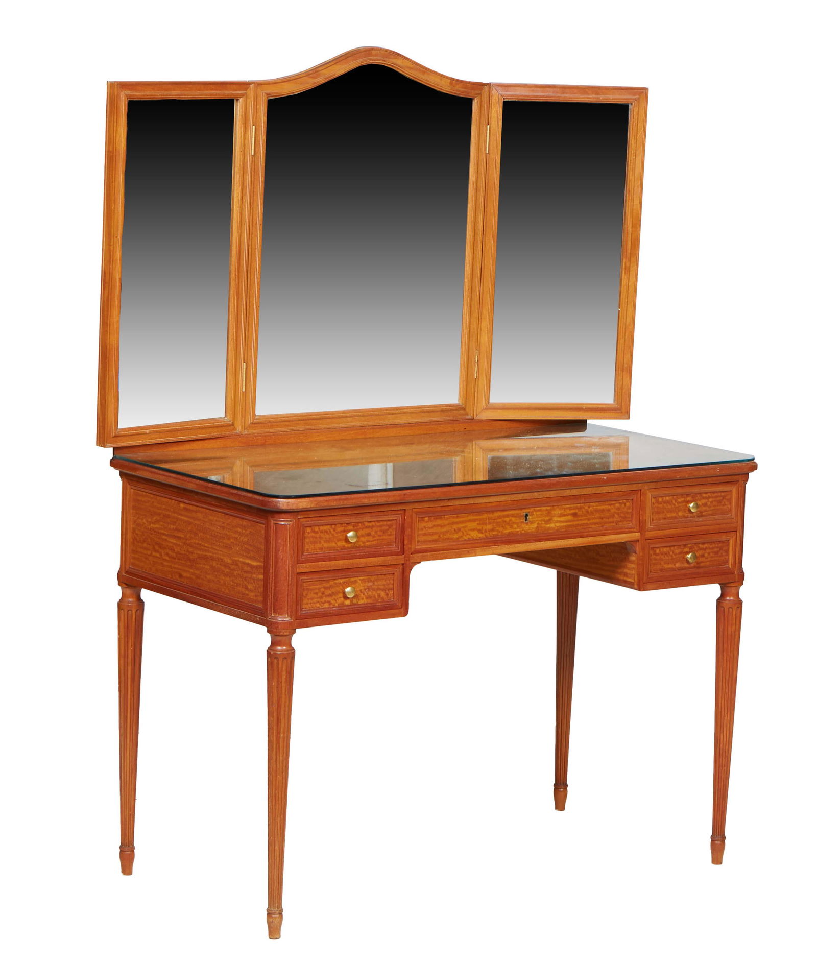 French Louis XVI Style Carved Cherry Dressing Table, 20th c., the tri-fold mirror back on a rounded (1 of 1)