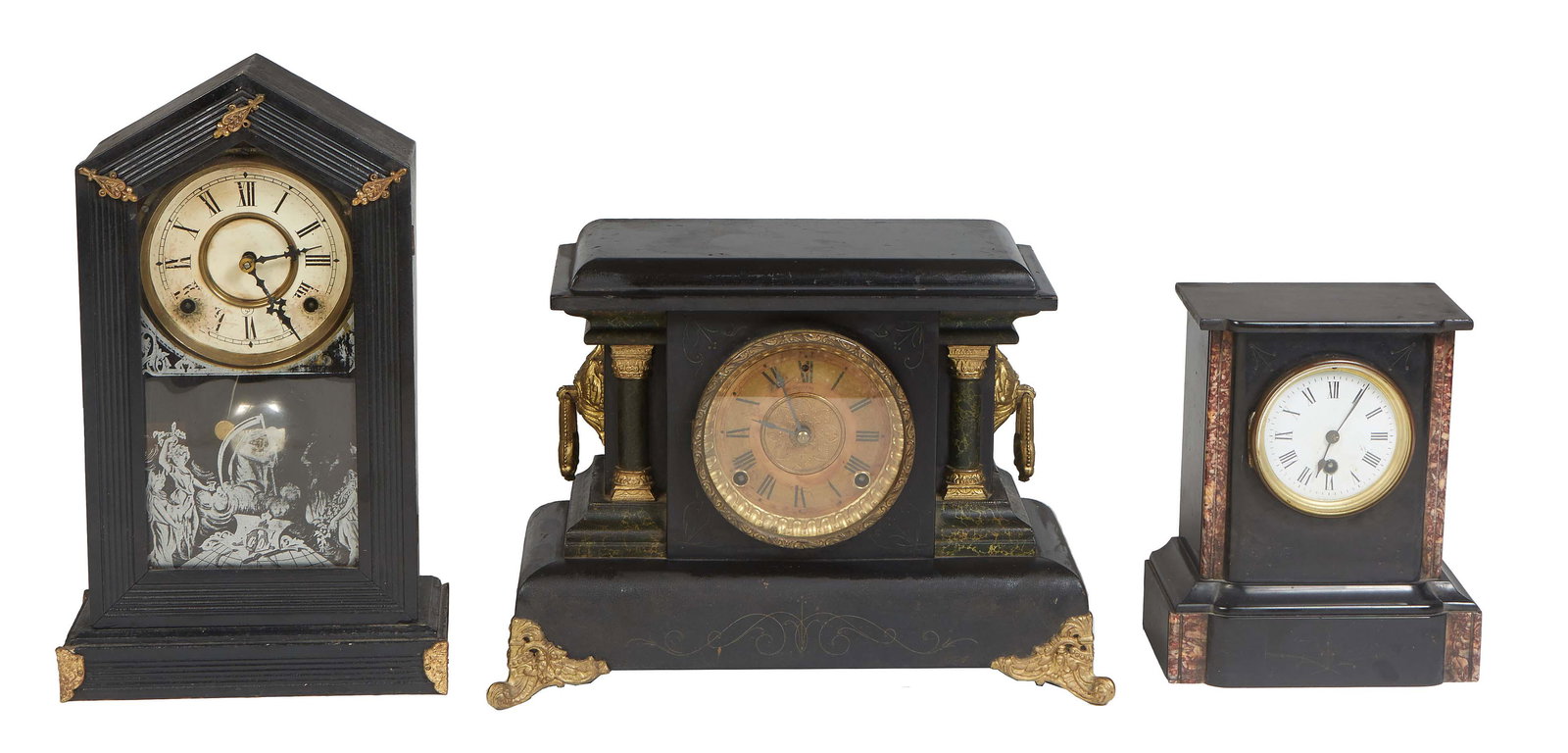 Group of Three American Clocks, 19th c, one an ebonized wood and spelter temple clock, time and (1 of 1)