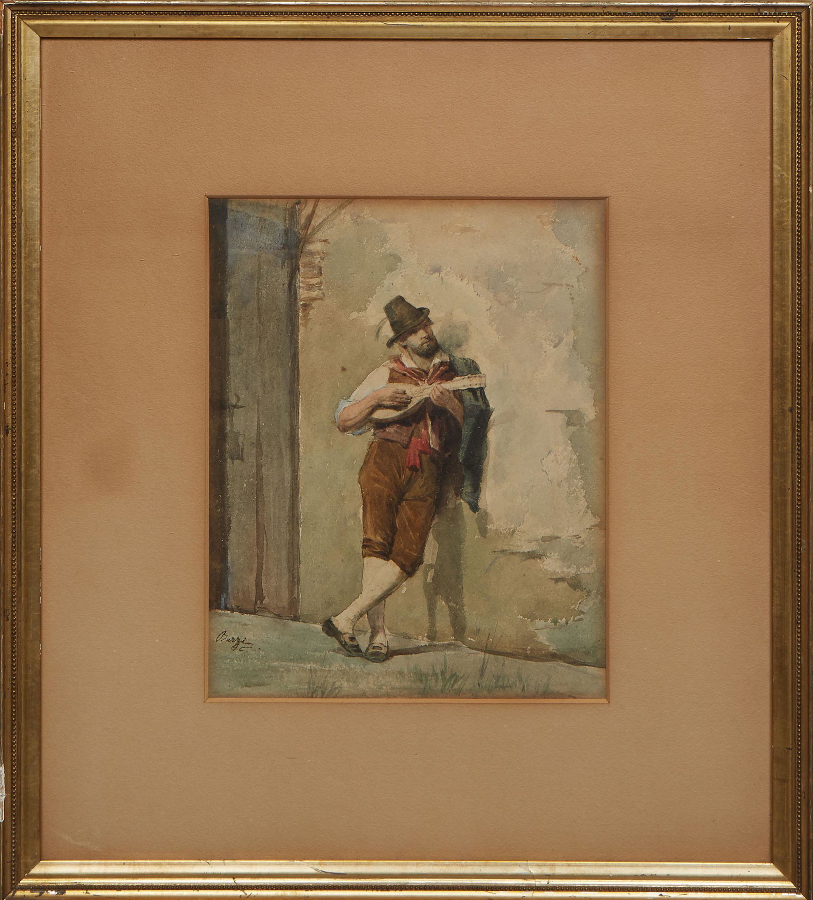 Italian School, "The Mandolin Player," 19th c., watercolor on paper, signed "Burzi" indistinctly (1 of 4)