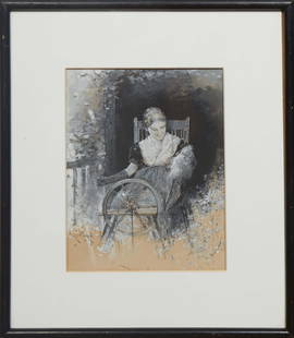 Edward Percy Moran (New York/Pennsylvania, 1862-1935), "Lady Spinning Outdoors," 19th/20th c.,: Edward Percy Moran (New York/Pennsylvania, 1862-1935), "Lady Spinning Outdoors," 19th/20th c., gouache and ink on paper, signed lower left, with a copy of an artist listing from "The New York Historic