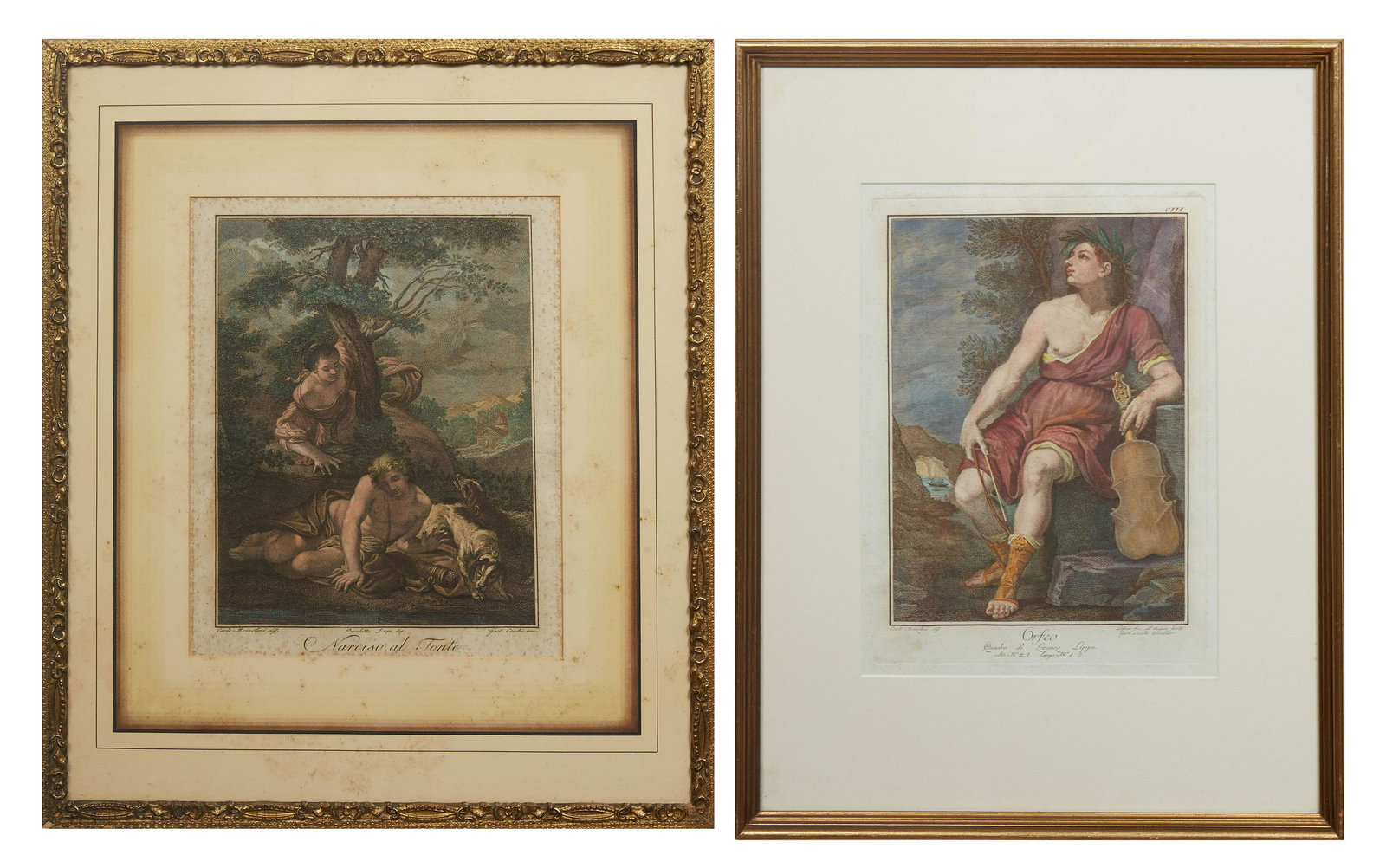 Pair of Classical Engravings, After Lorenzo Lippi (Italian, 1606-1665), "Orfeo," hand-colored etched (1 of 11)