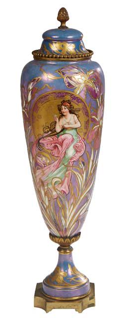 Art Nouveau Sevres Style Bronze Mounted Covered Porcelain Urn, 20th c., of tapered form, the lid (1 of 2)
