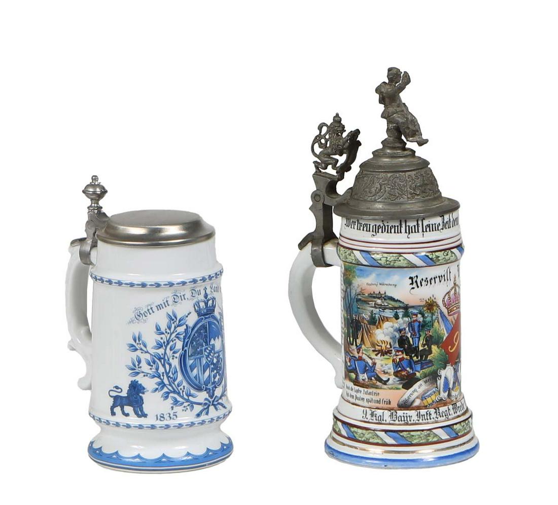 Two German Steins, 20th c., with pewter lids, one a colorful regimental style example, c. 1902; the (1 of 2)