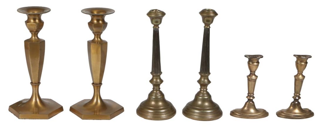 Three Pair of Brass Candlesticks, early 20th c., one pair with reeded tapered columnar supports, on (1 of 1)