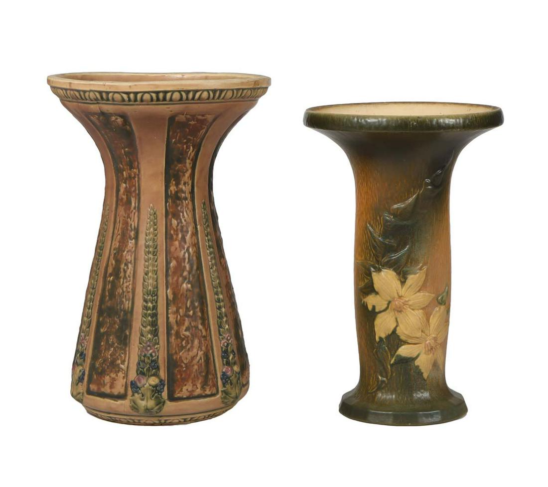 Two Roseville Pottery Jardiniere Stands, 20th c., one in the "Florentine" pattern, H.- 18 1/4 in., (1 of 14)