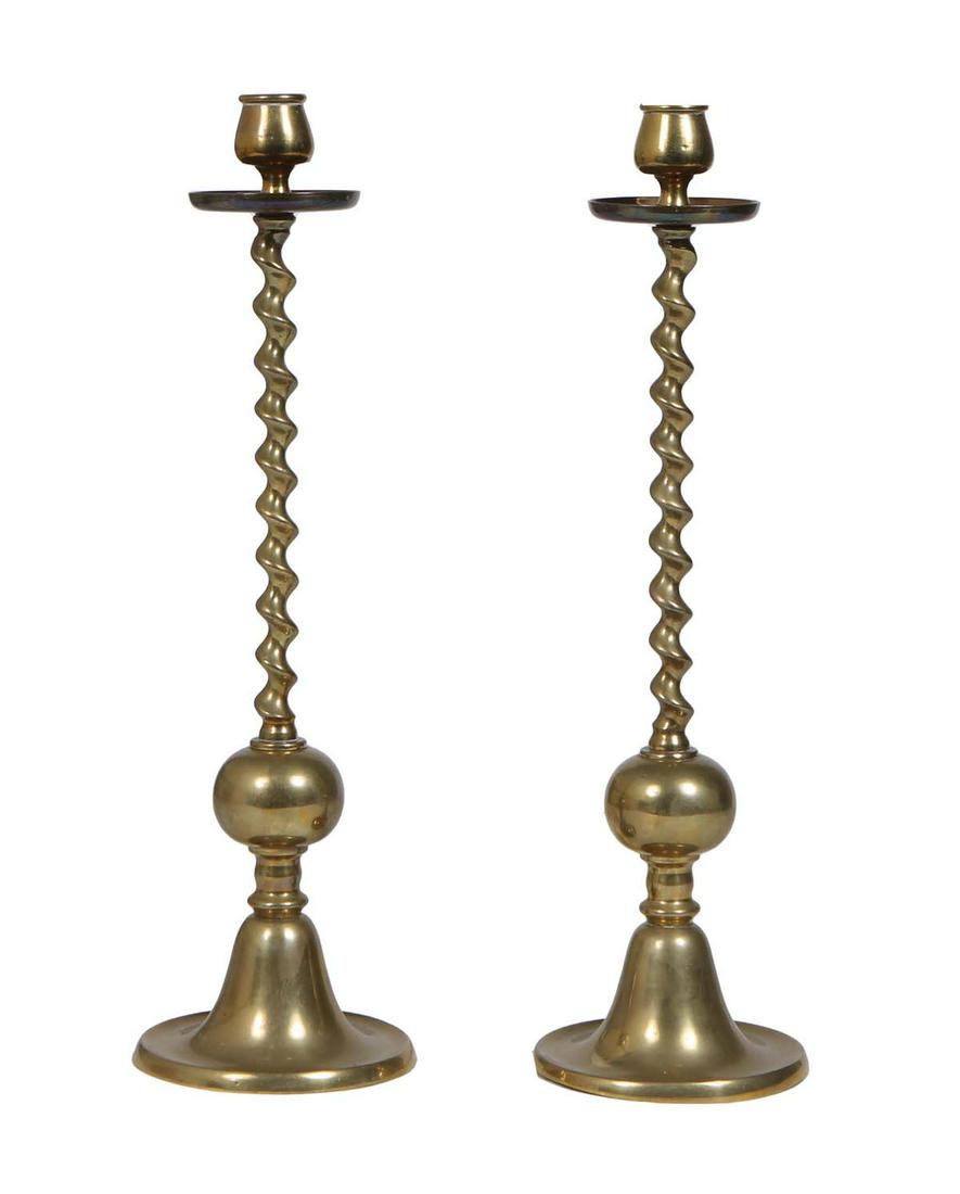 Pair of Gilt Brass Spindle Candlesticks, early 20th c., the candle cup and bobeche on a rope twist (1 of 1)