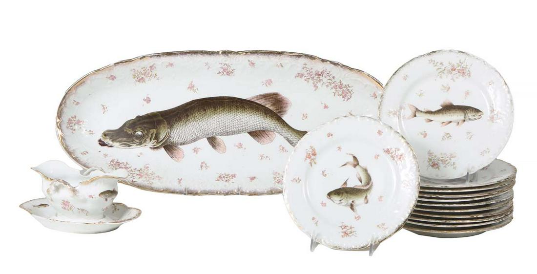 Fourteen Piece Austrian Victoria Carlsbad Fish Set, early 20th c, with gilt edges and floral and (1 of 1)