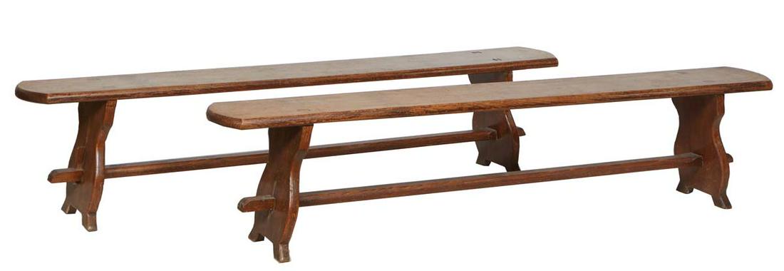 Pair of French Provincial Carved Oak Farmhouse Benches, 20th c., the rounded end rectangular top on (1 of 1)