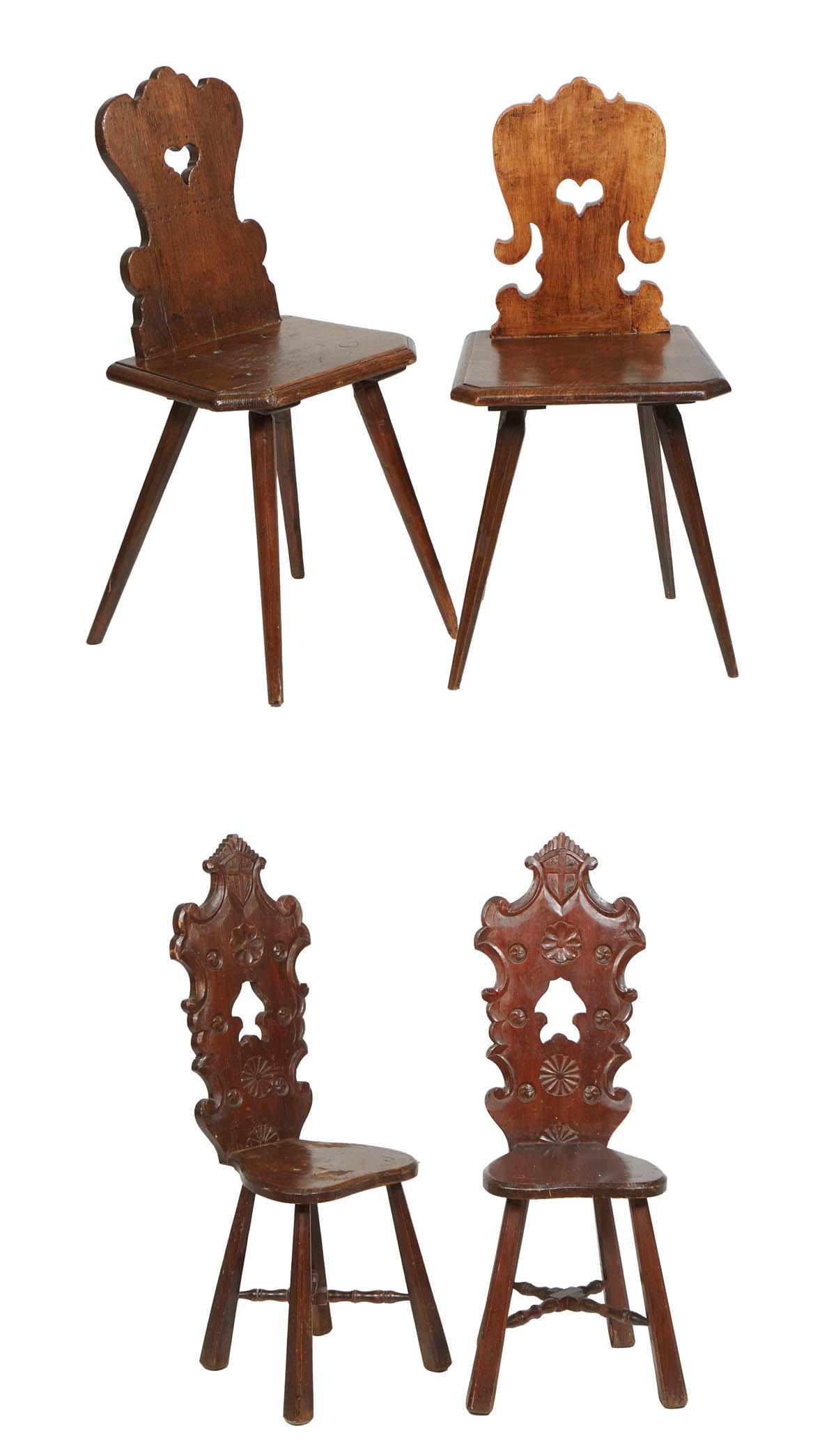 Four French Provincial Carved Oak Hall Chairs, 19th c., consisting of a pair with a carved arched (1 of 3)
