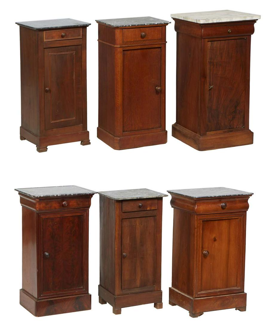 Group of 6 Nightstands, each with a marble top, front cabinet door, and frieze drawer. (6 pcs): Group of 6 Nightstands, each with a marble top, front cabinet door, and frieze drawer. (6 pcs)