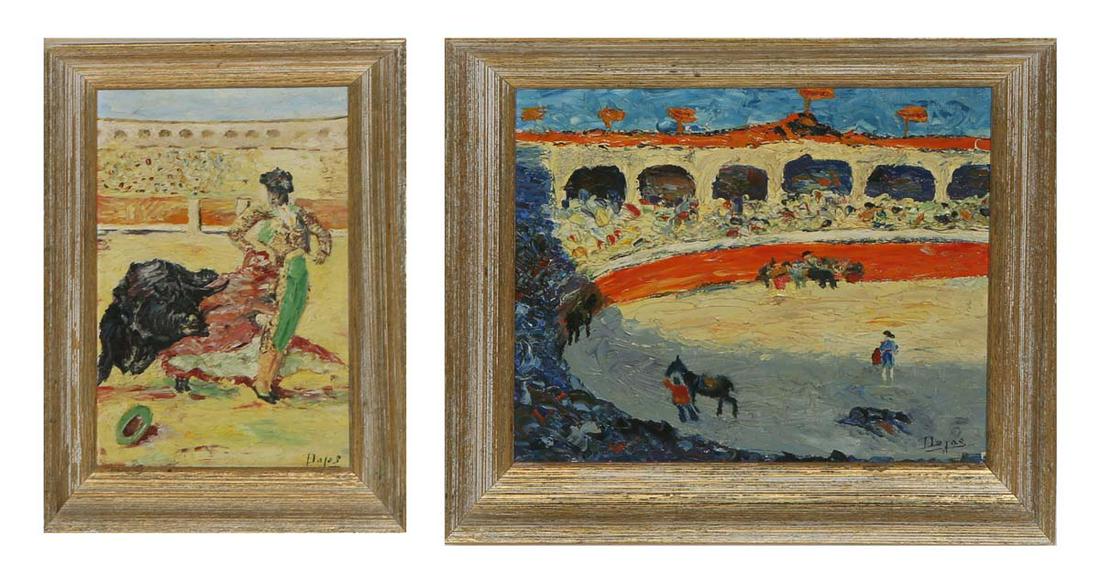 Continental School, "The Matador," and "The Bullfighting Stadium," 20th c., pair of oils on canvas (1 of 9)
