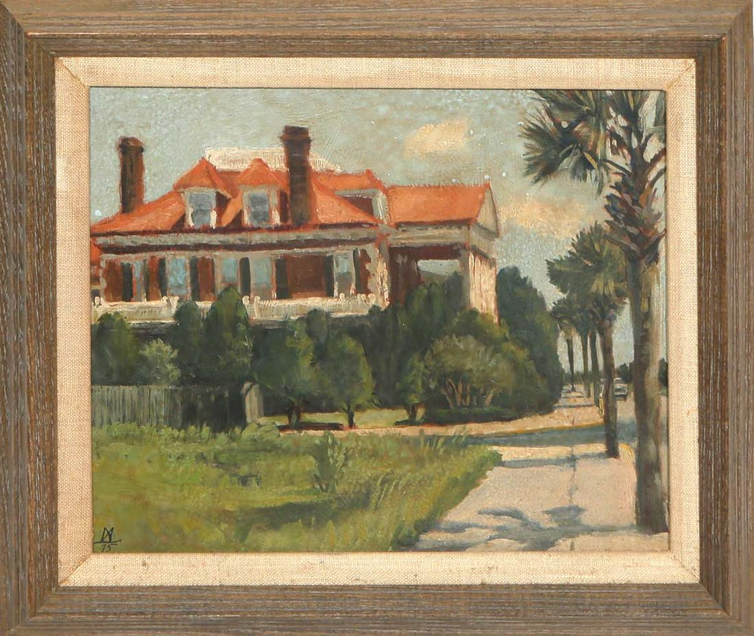 American School, "Red Mansion with Palm Trees," 1975, oil on board, monogrammed and dated lower (1 of 4)