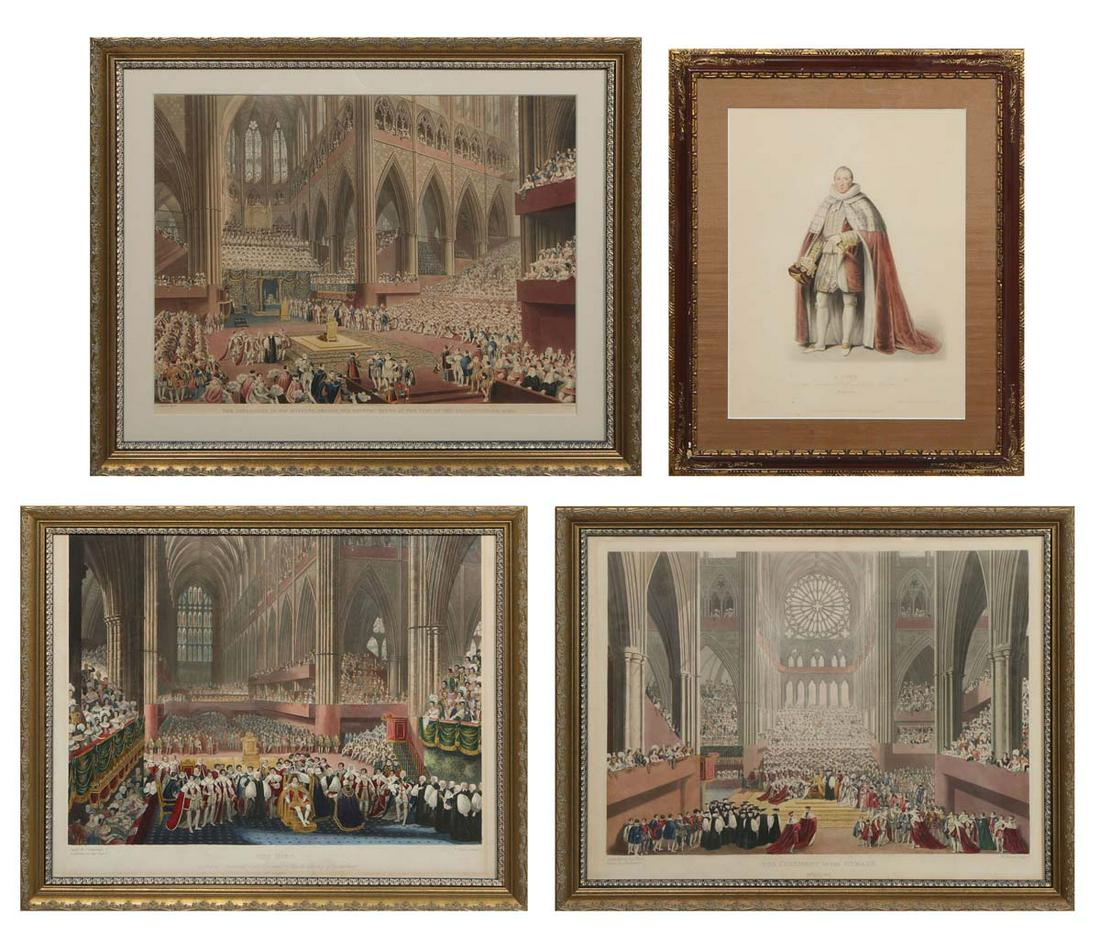 James Stephanoff (British, 1788-1874) and Augustus Welby Northmore Pugin (British, 1812-1852), Four: James Stephanoff (British, 1788-1874) and Augustus Welby Northmore Pugin (British, 1812-1852), Four Hand-Colored Engravings of the Coronation of George IV, including: "The Coronation of His Majesty, G