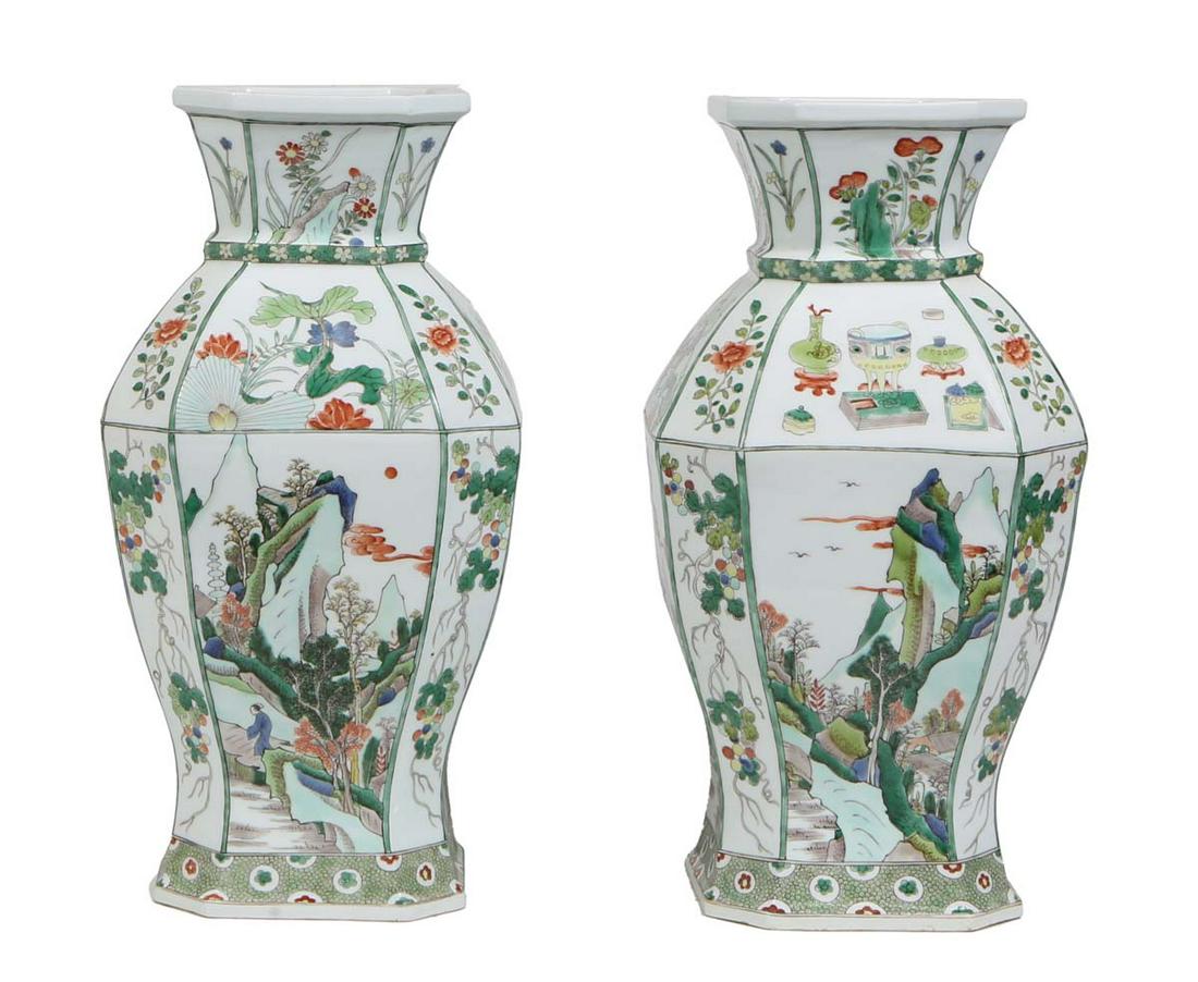 Pair of Large Chinese Octagonal Baluster Porcelain Vases, 20th c., with mountain landscape and (1 of 1)